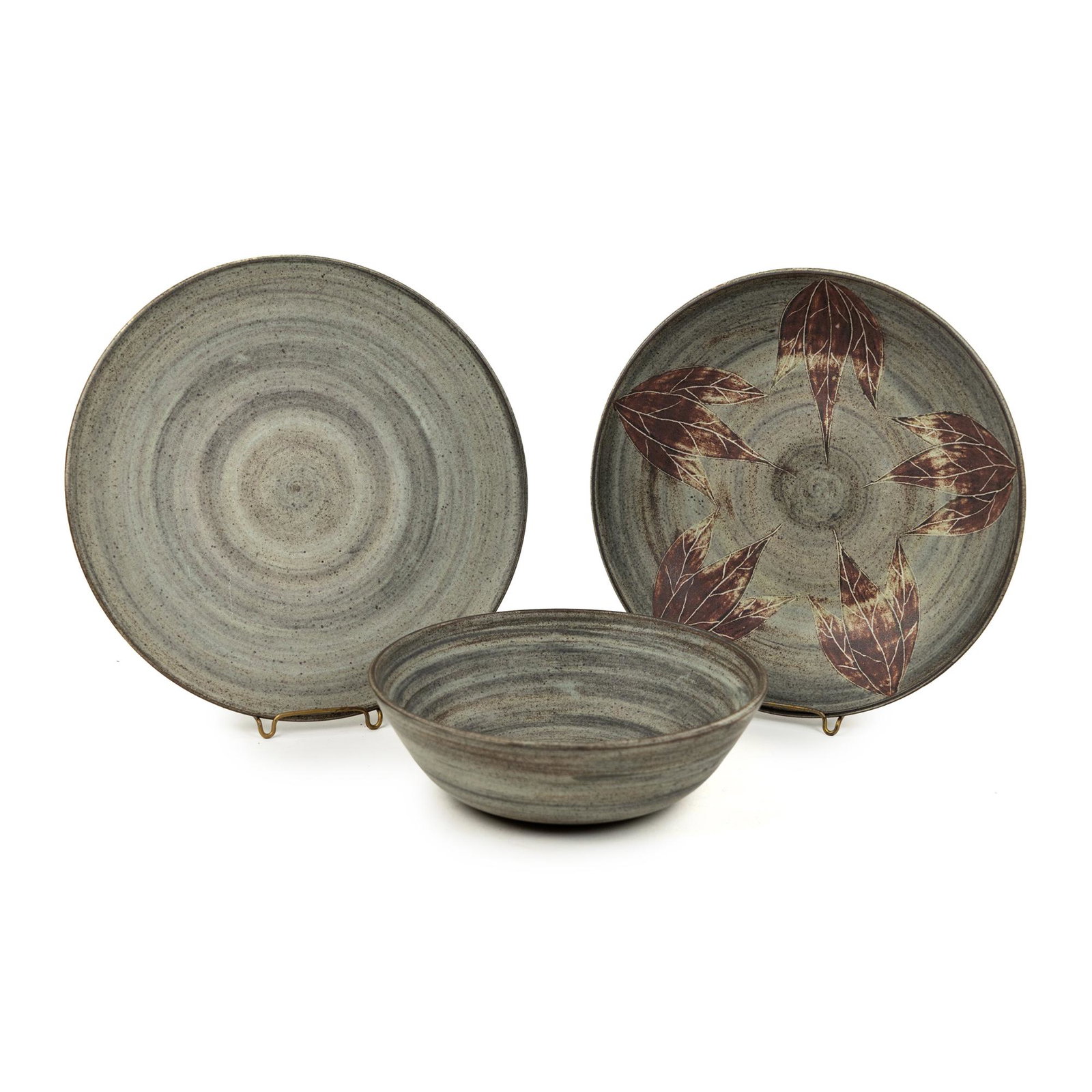 Group of 3 Salt Glazed Art Pottery: A group of three salt glazed earthenware pottery pieces including a large center bowl with oak leaf pattern, a small center bowl, and large plate.