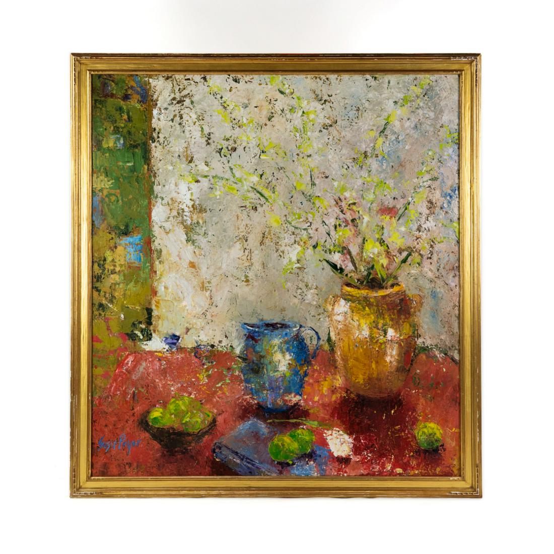Susie Pryor 'Spring Branches' O/C Signed Painting: A vintage Susie Pryor (American, 20th/21st Century) oil on canvas painting titled 'Spring Branches' depicting an impression style floral still life. Presented in gilt frame. Signed in paint in lower l