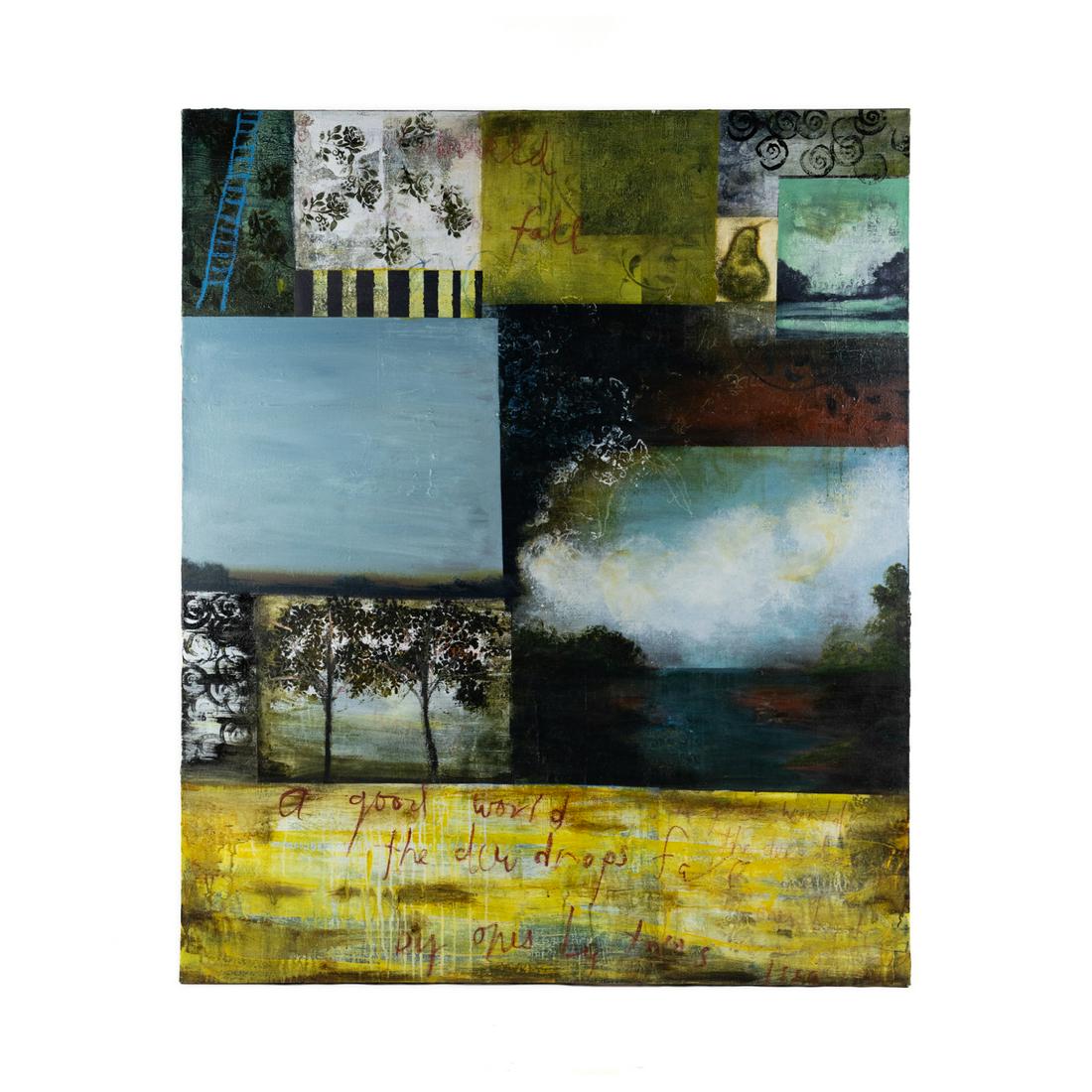 Cheryl Warrick 'By Ones By Twos' A/C Signed Painting: A modern Cheryl Warrick (American, b. 1956) mixed media acrylic on canvas painting titled 'By Ones By Twos' depicting a collage style scene of various elements. Signed in pencil on verso with artist i