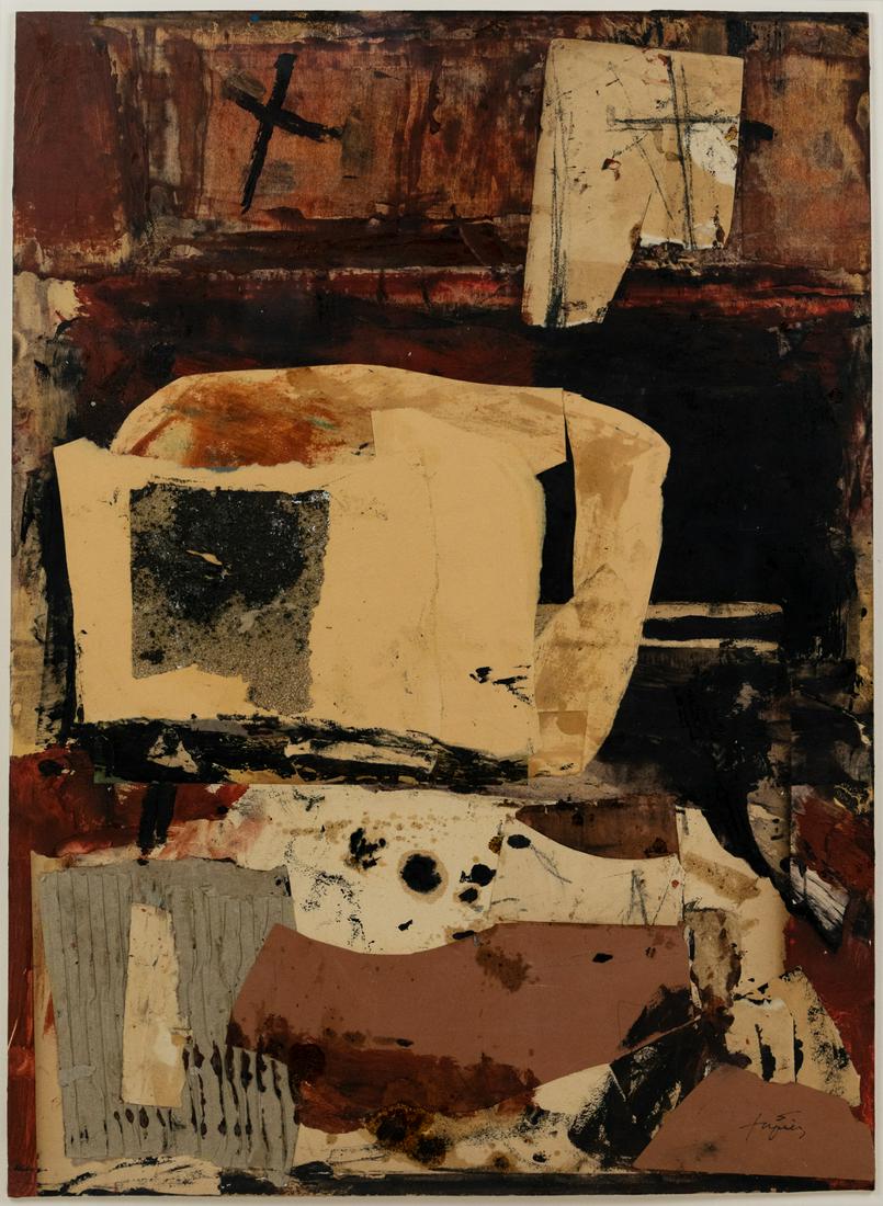 Antoni Tapies Untitled Mixed Media Collage Signed: A vintage Antoni Tapies (Spanish, 1923-2012) untitled mixed media/collage on cardboard depicting brown abstract shapes and tones. Presented in wood frame with white mat. Signed in lower right corner.
