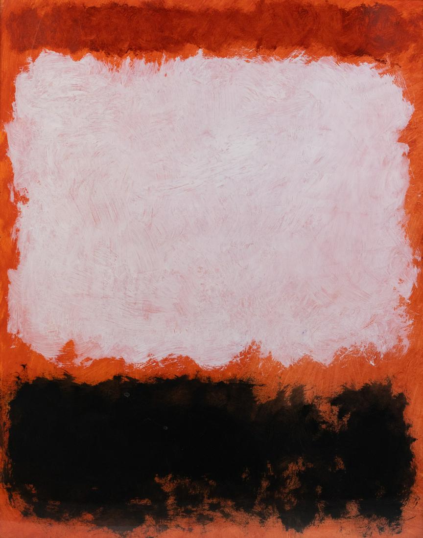 Mark Rothko Untitled Oil on Paper Signed: A vintage 1956 Mark Rothko (1903-1970) untitled color field red, orange, black and white block oil on paper. Presented in wooden frame. Signed and dated in paint on verso. Sight: 27" x 22". From priva