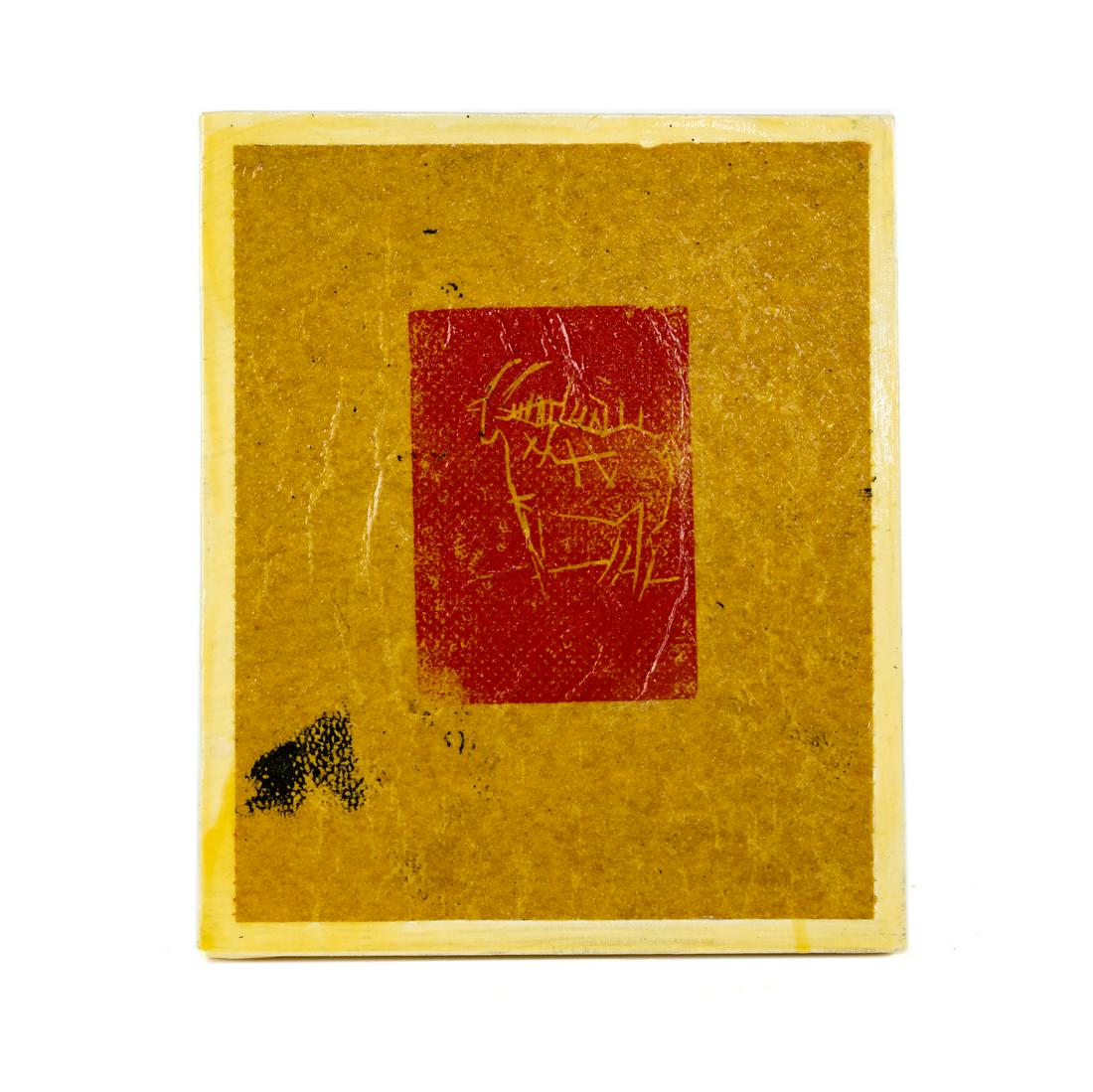 Helen Durant Untitled Goat Signed Mixed Media: A 2008 Helen Durant (American, 1947) signed mixed media painting depicting an etched goat in a red and yellow background. Signed on verso in pencil and dated 2008.