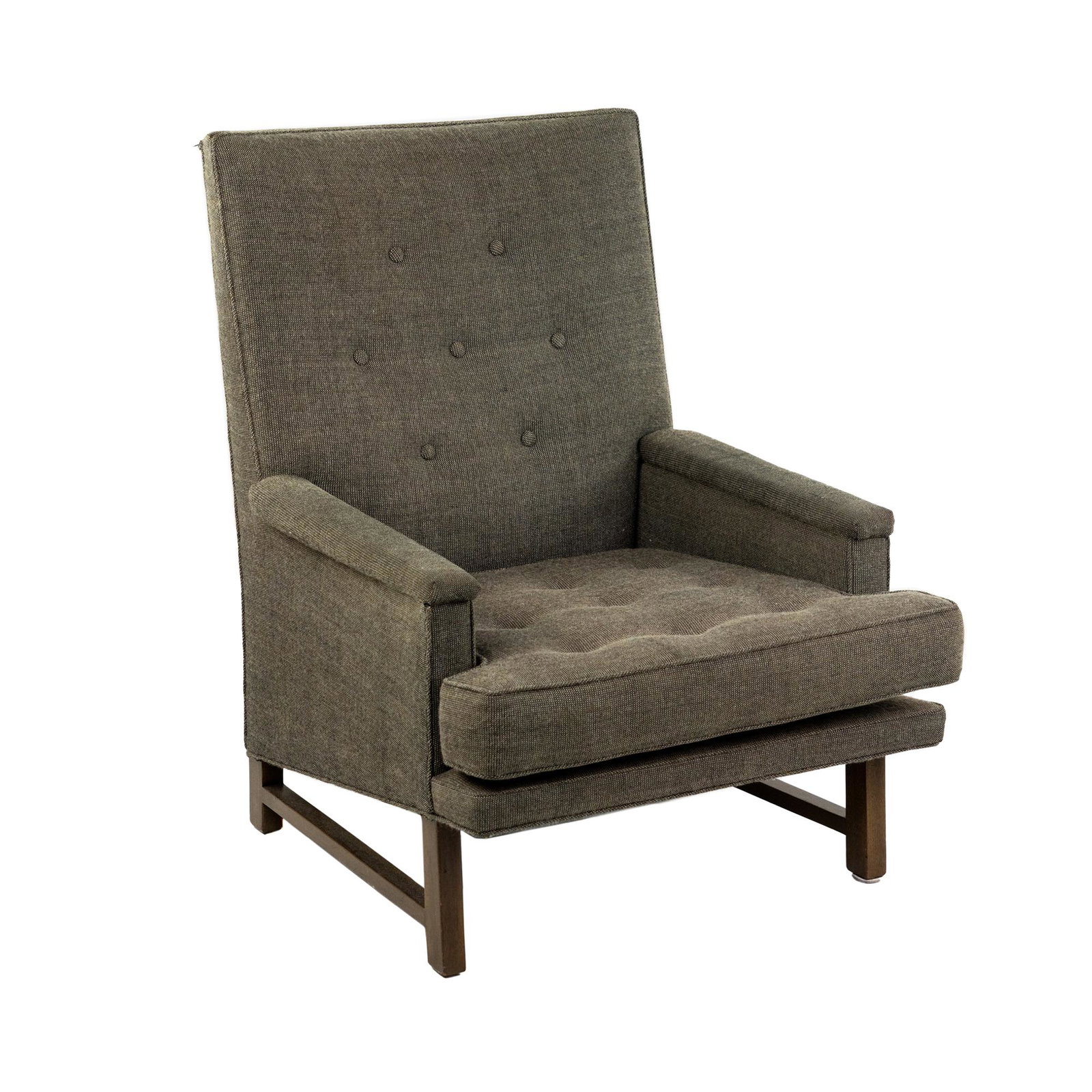 Edward Wormley for Dunbar Grey Tufted Lounge Chair: A 1950's Edward Wormley for Dunbar lounge chair having grey tufted upholstery with square base and low seat resting atop four wooden legs. Deck upholstery is 'Dunbar' logo repeating pattern material. 