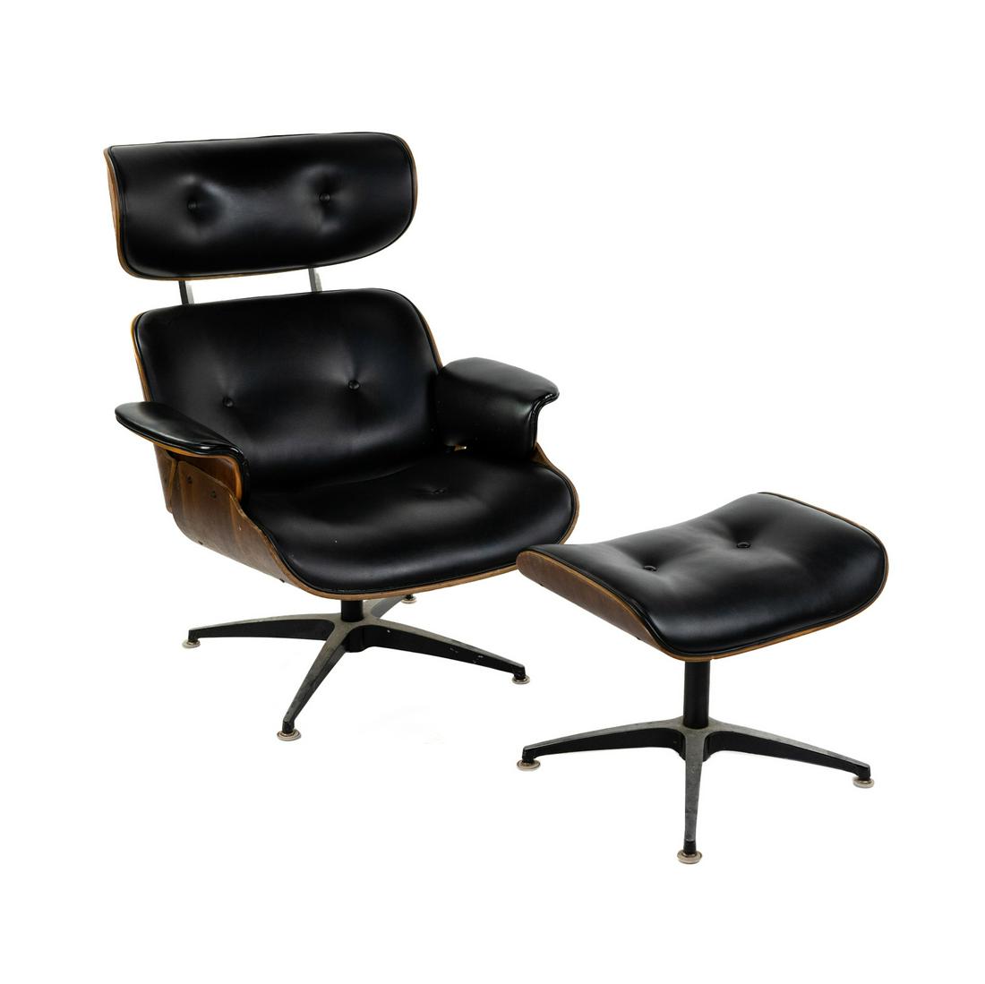 Eames Style Plycraft Black Leather Chair and Ottoman: A Mid-Century Modern Eames style Plycraft black leather lounge chair and ottoman. Tagged on underside. Seat height: 14" Shipping Atlanta Auction Gallery will not ship this lot in house. The buyer is r