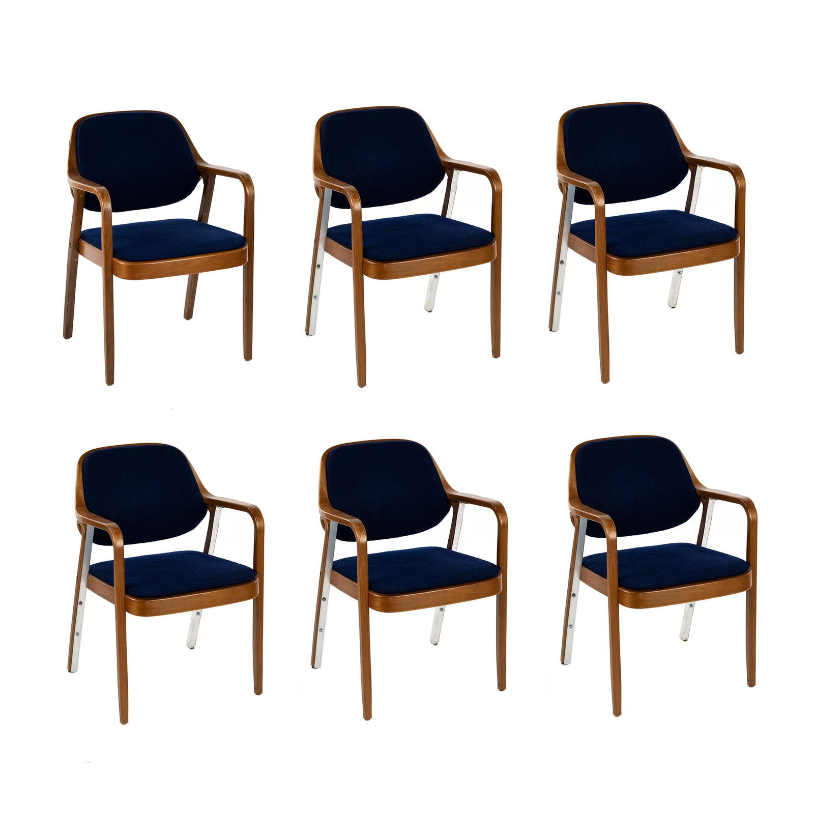 (6) Don Pettit for Knoll Bentwood Arm Chairs: A set of six (6) Don Pettit for Knoll bentwood armchairs having dark blue upholstery on back and seat cushion with walnut bentwood frame. Original tags on underside. Seat height: 17". SHIPPING Atlanta