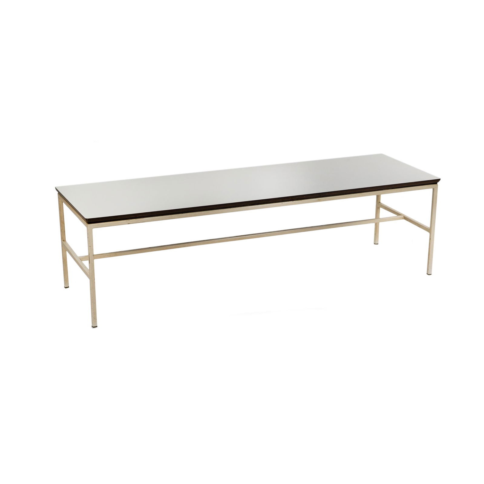 Vista of California White Steel Coffee Table: A Vista of California white steel coffee table having white laminate top with off-white steel frame. Unmarked. SHIPPING Atlanta Auction Gallery will not ship this lot in house. The buyer is responsibl