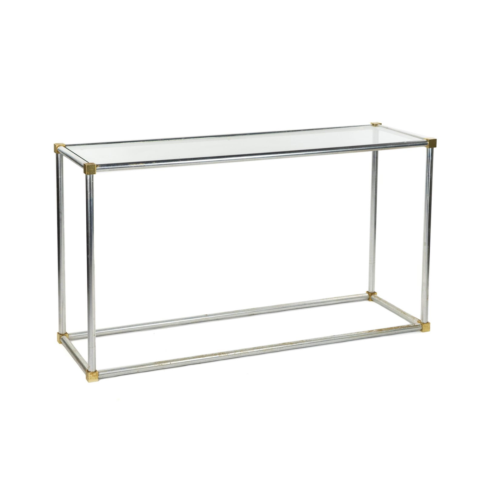 Maison Jansen Style Chrome and Glass Console Table: A mid-century Maison Jansen style chrome and glass console table having rectangular shape with brass accented corners. Unmarked. SHIPPING Atlanta Auction Gallery will not ship this lot in house. The b