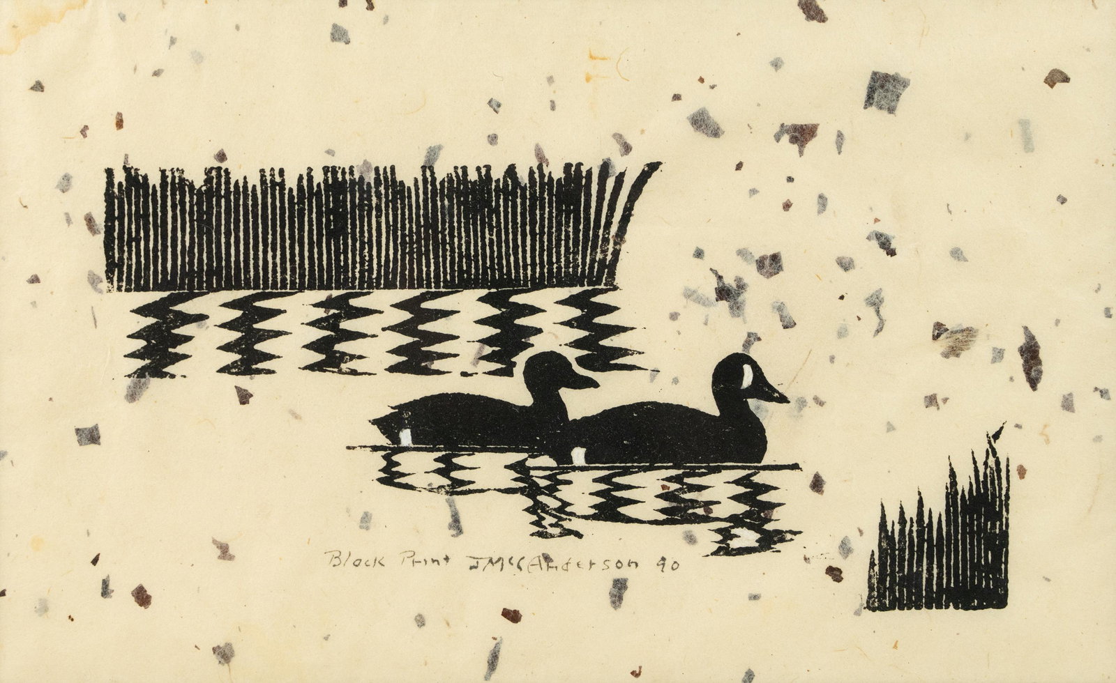 James McConnell Anderson 'Blue Winged Teal' Signed Print: A vintage James McConnell (Mac) Anderson (American, 1907-1998) woodblock print titled 'Blue Winged Tea' depicting two birds in a body of water together. Presented in a black wooden frame with brown ma
