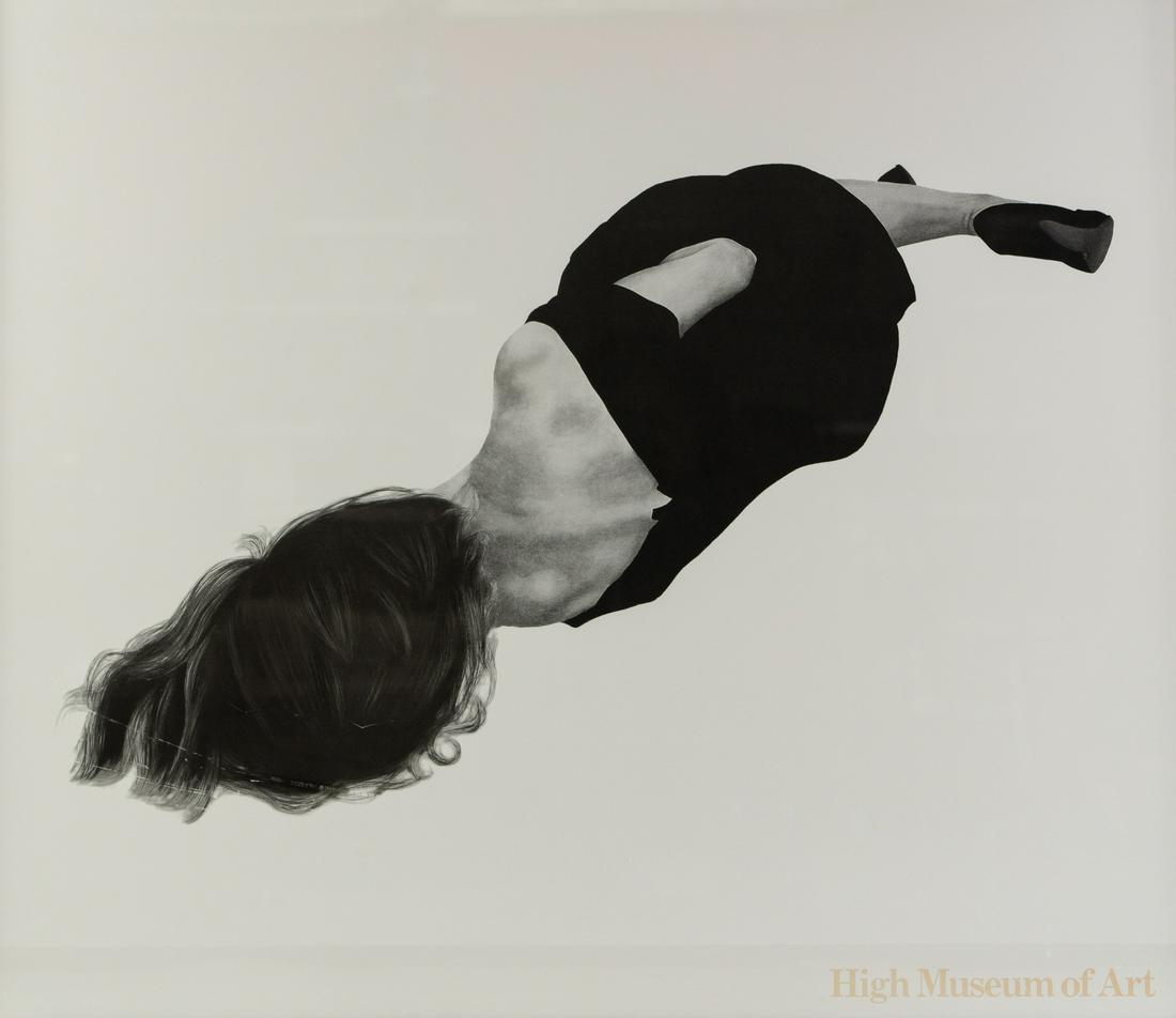 Robert Longo 'Gretchen' High Museum Art Poster: A vintage Robert Longo (b. 1953) art poster from the High Museum of Art, Atlanta, GA titled 'Gretchen' from the 'Men in City' series depicting a woman on the ground in a black dress. Presented in blac