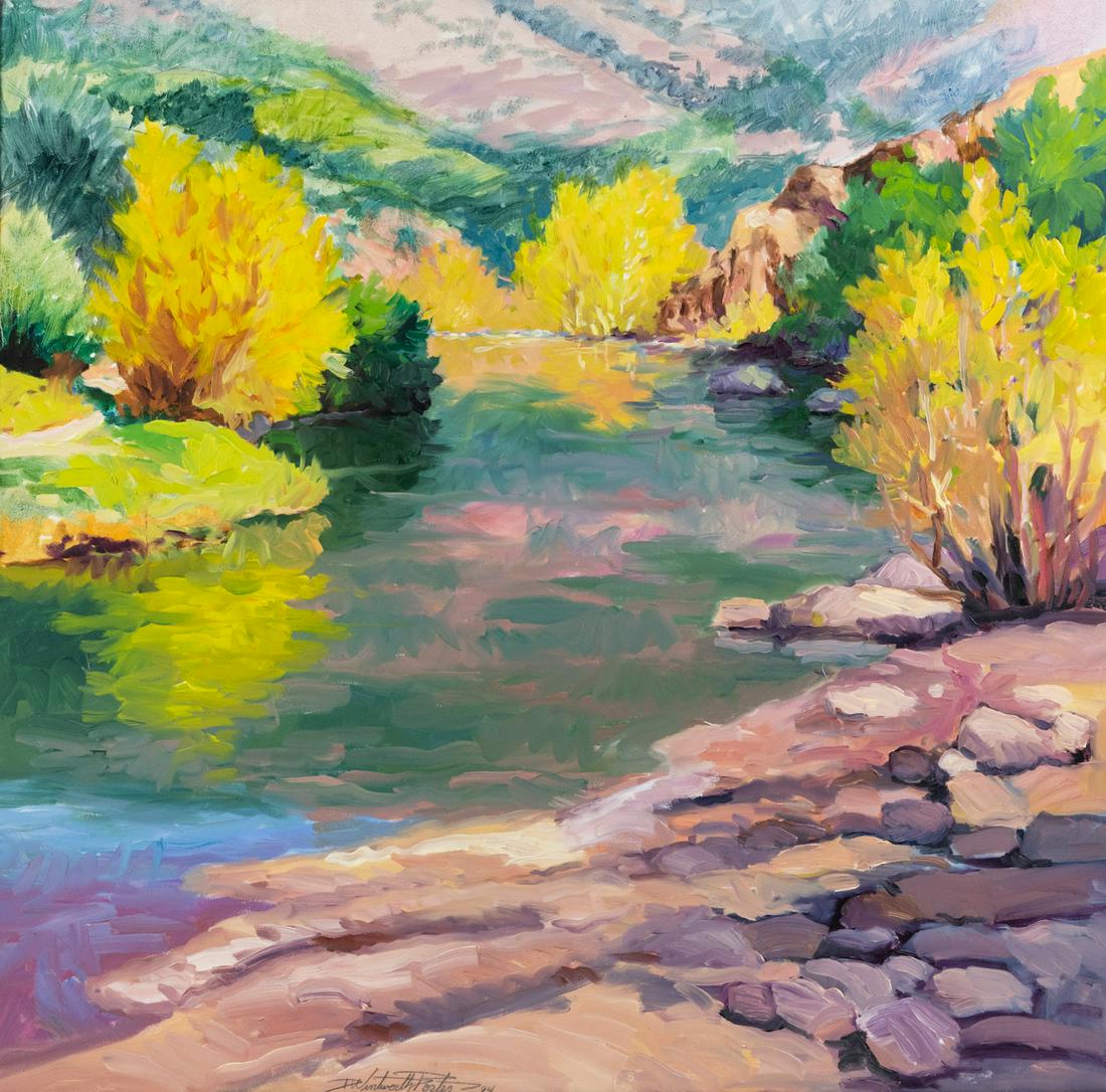 Dennis Wentworth Porter Western River O/C Signed Painting: A vintage Dennis Wentworth Porter (American, 1946) oil on canvas depicting a Western United States river landscape. Signed lower center. Unframed. Sight: 35.5" x 35.5" SHIPPING Atlanta Auction Gallery