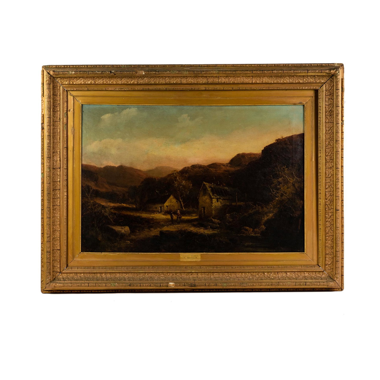 Tom Seymour 'Midday Gossip' O/C Painting: An antique Tom Seymour (British, 1844-1904) oil on canvas painting titled 'Midday Gossip' depicting villagers in a small farm town. Presented in gilt carved frame. Signed plaque in center. Sight: 19.5