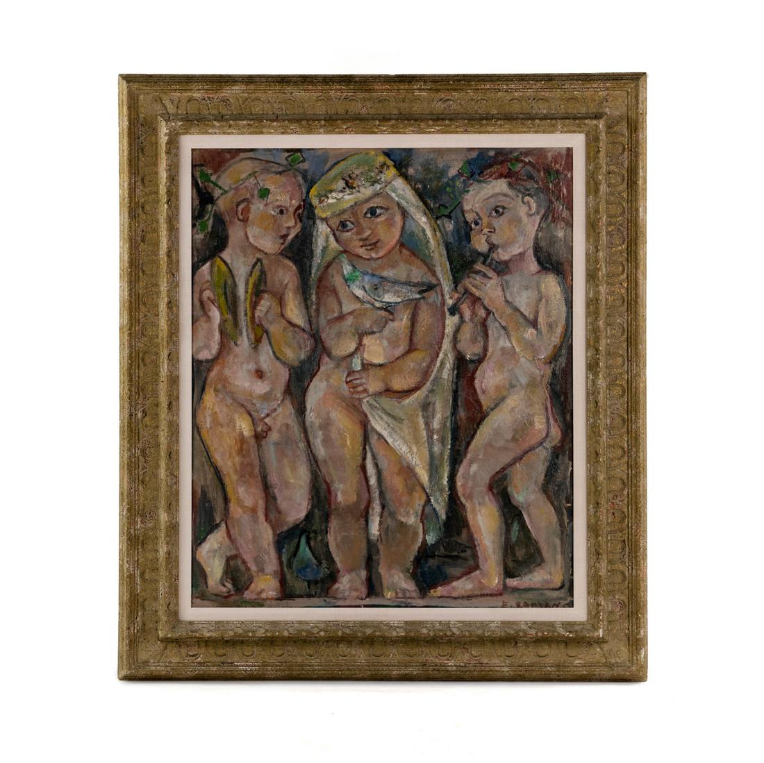 Emanuel Romano O/B '3 Children Wedding' Signed Painting: A vintage Emanuel Glicenstein Romano (New York 1897-1984) signed oil on board painting titled '3 Children - Wedding' depicting three children with instruments. Presented in carved wood frame. Signed i