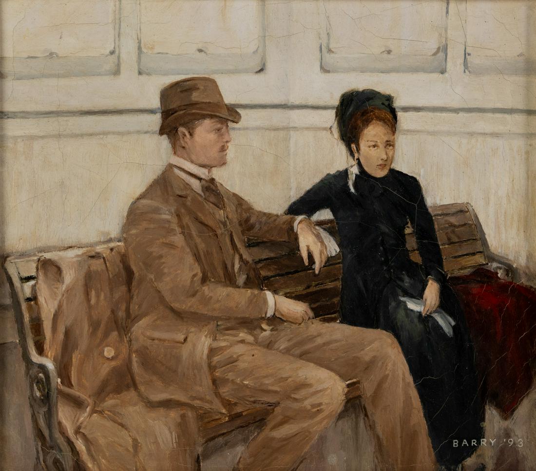 Robert L. Barry Couple on a Bench O/C Signed Painting: A 1993 Robert L. Barry (Massachusetts, 1929-2015) signed oil on canvas depicting a well dressed couple seated on a bench. Presented in wood frame. Signed in lower right corner and dated. Sight: 7.5" x