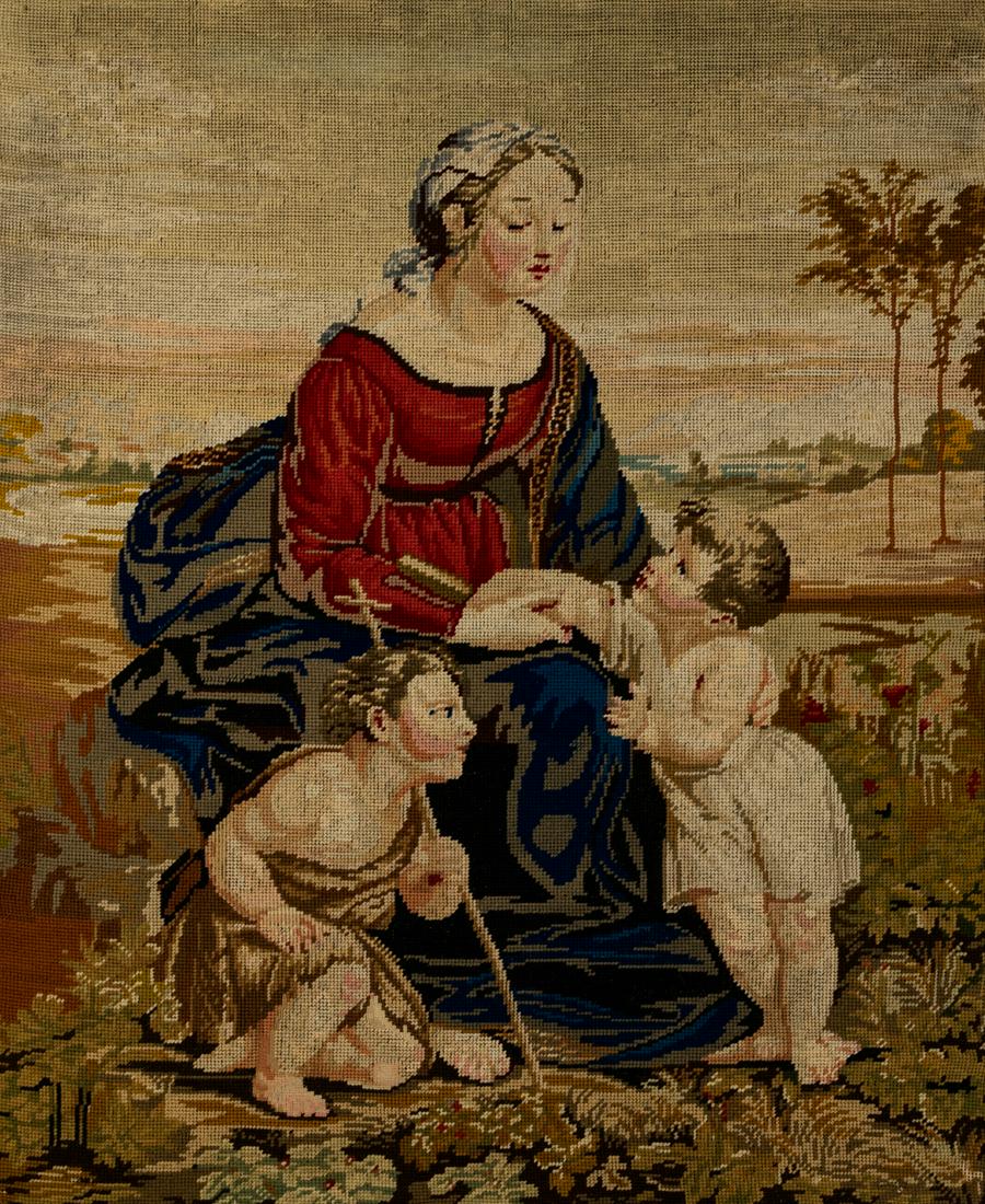 Madonna and Child w/ St John the Baptist Tapestry: A vintage tapestry depicting a Renaissance period of Madonna and child with St John the Baptist depicted as a child inspired by the famous painting â€œLa belle JardiniÃ¨re” by Raphael (148
