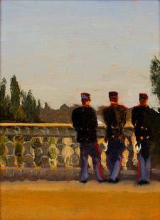 William Berra 'Time Off' O/B Signed Painting: A vintage William Berra (America, b. 1952) oil on board painting titled 'Time Off' depicting three soldiers looking out from a balcony. Presented in gold tone wood frame. Artist name and date on verso