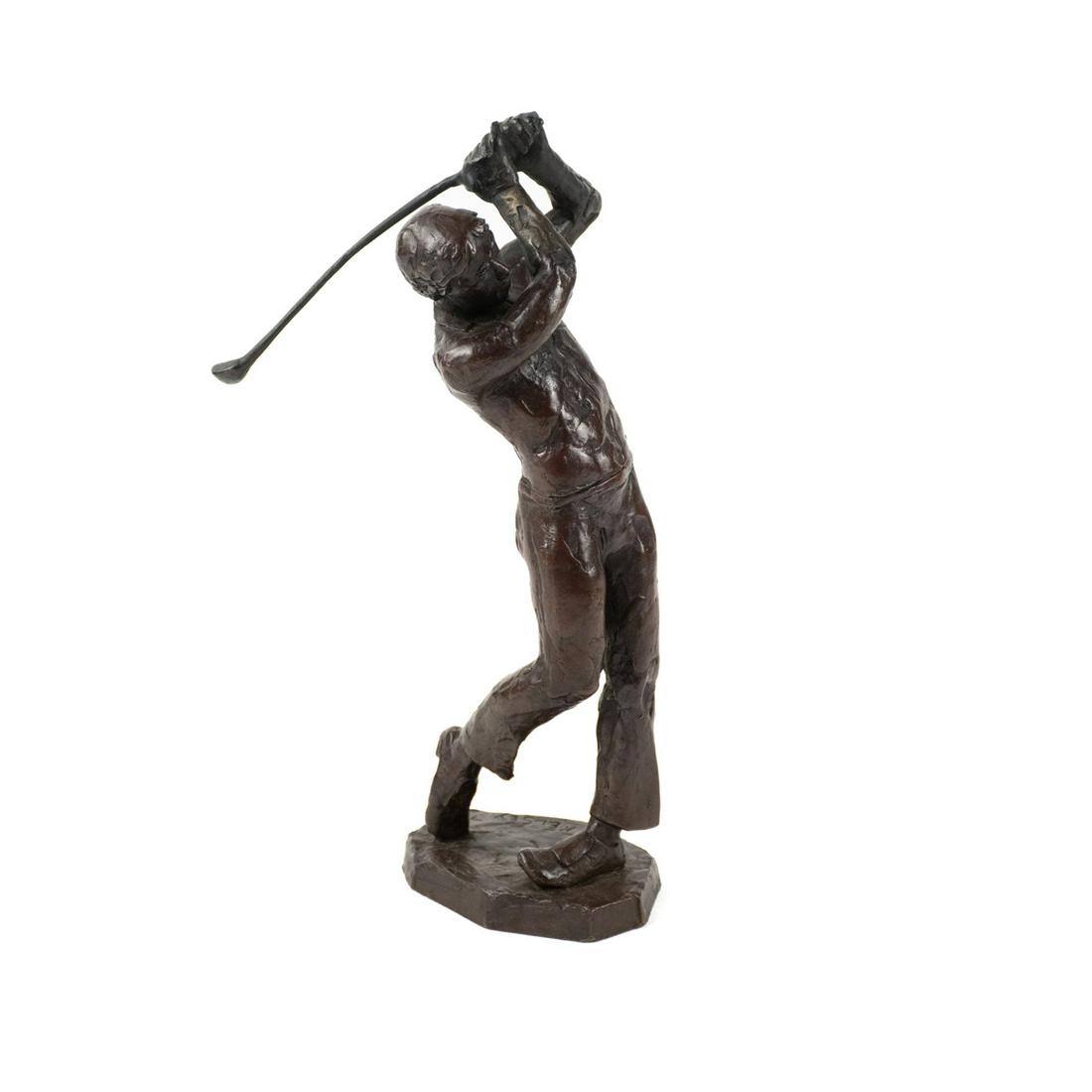 T.D. Kelsey 'Golfer' Bronze Sculpture: A bronze figural sculpture of a 'Golfer' by Terry Duen Kelsey (American, 1946-) depicting a man swinging a golf club. Intaglio signed in the casting Kelsey.