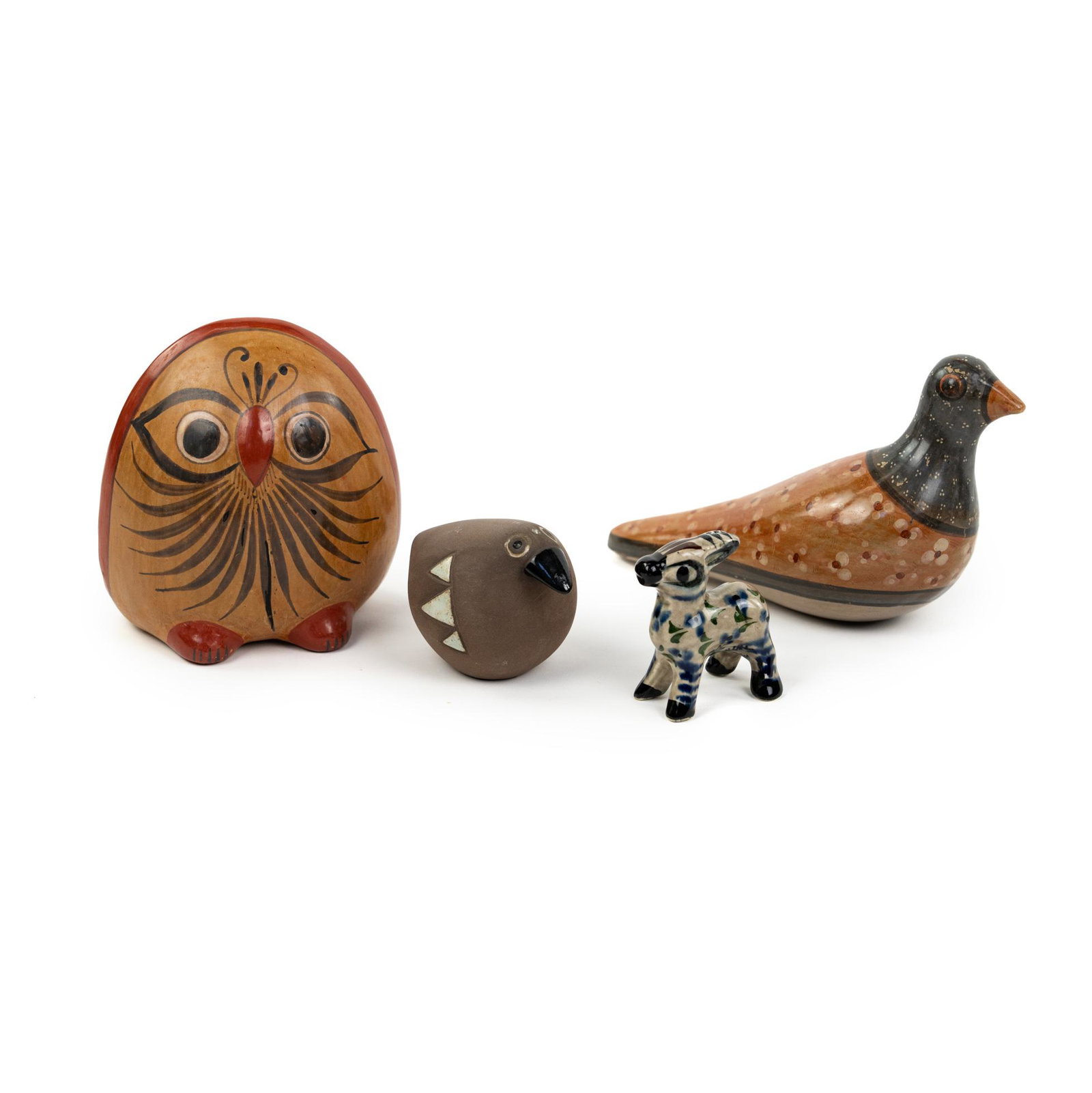 (4) Group of Mexican & Swedish Pottery Animal Figurines: A grouping of four (4) pottery animals including a Mexican Folk Art Tonala painted pottery owl signed J.D. Mexico, a Salis Family Tonala painted bird signed on underside, a Mexican Folk Art painted do