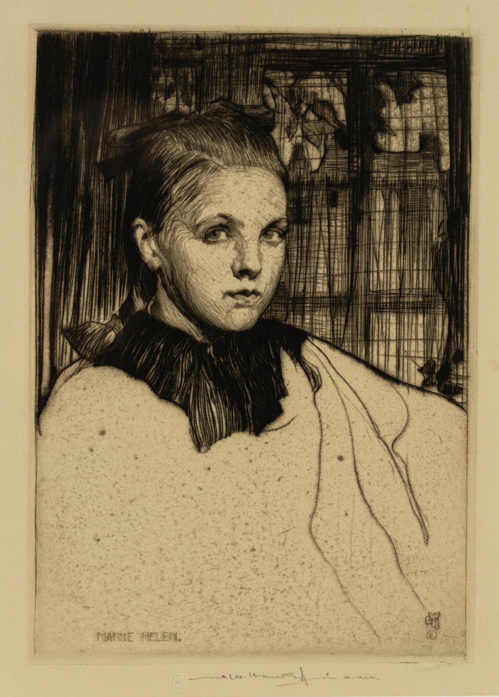 William Lee Hankey 'Helen Marie' Signed Etching: A 1920's William Lee Hankey (British, 1869-1952) signed etching titled 'Helen Marie' depicting a portrait of a young woman with darkened background. Presented in a wooden frame. Signed in pencil in bo