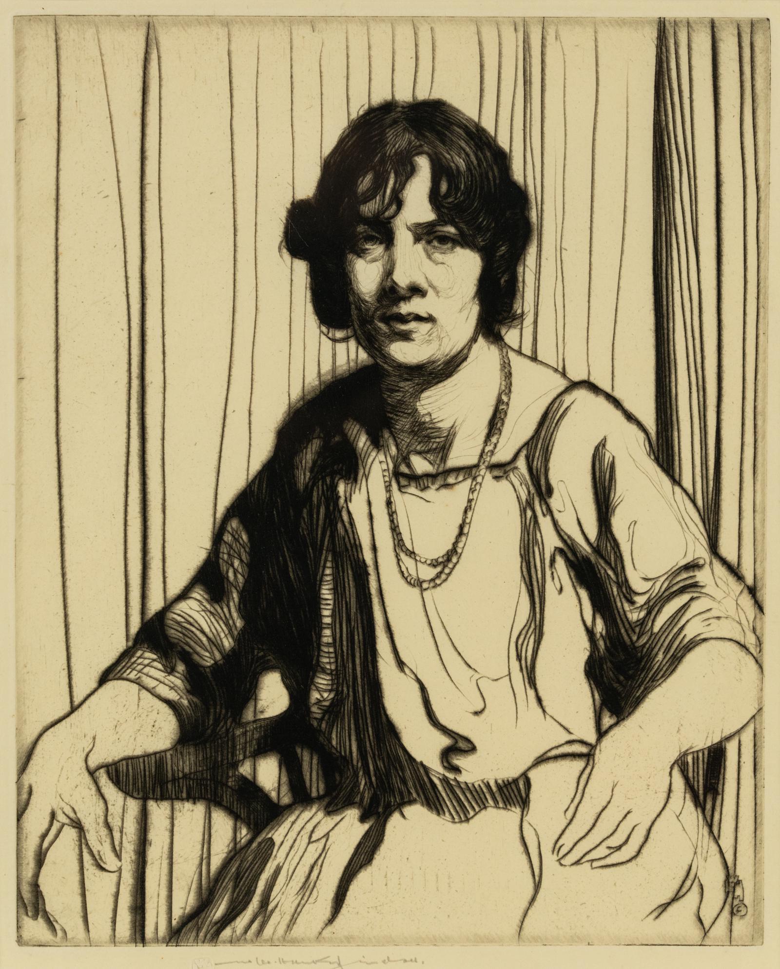 William Lee Hankey 'Tragedienne' Signed Drypoint Etching: A 1930's William Lee Hankey (British, 1869-1952) signed etching and drypoint titled 'Tragedienne' depicting a woman sitting in a dress while gazing at the viewer. Presented in a wood frame with white