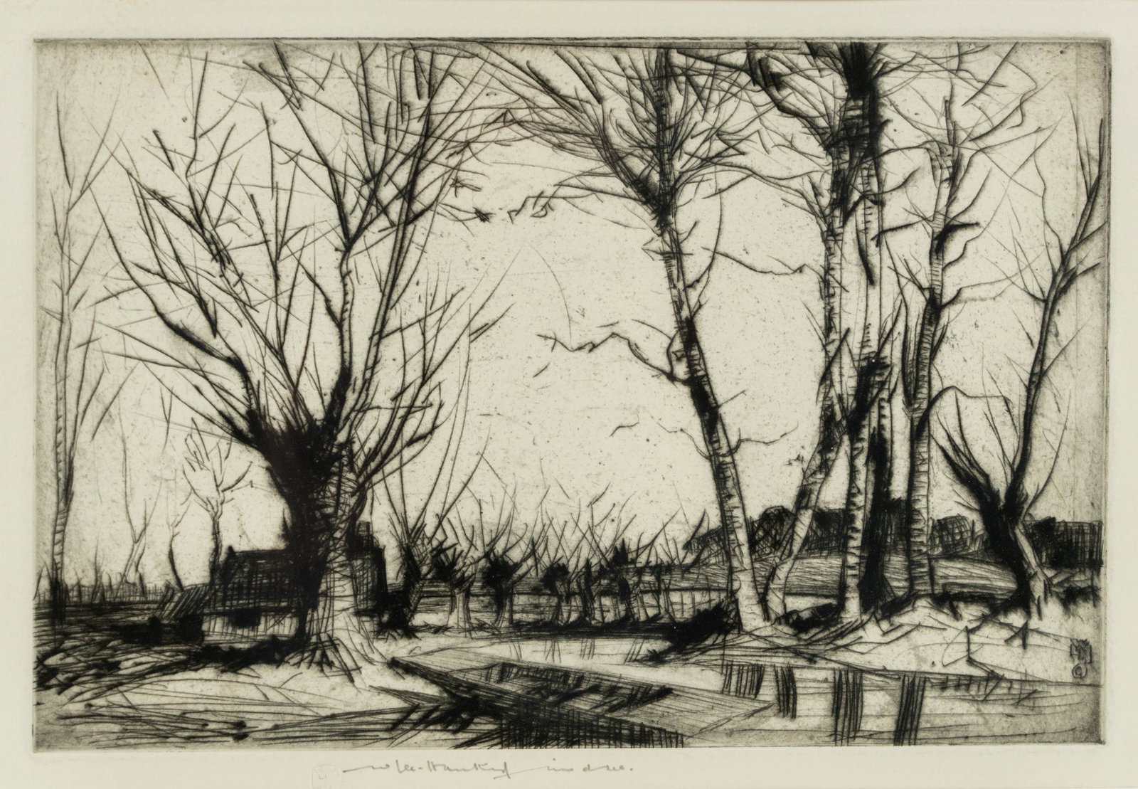 William Lee Hankey 'The Brook, Winter' Signed Etching: A vintage William Lee Hankey (British, 1869-1952) signed etching titled 'The Brook, Winter, 1919' depicting a landscape scene. Presented in wood frame and white mat. Signed in pencil in bottom center.