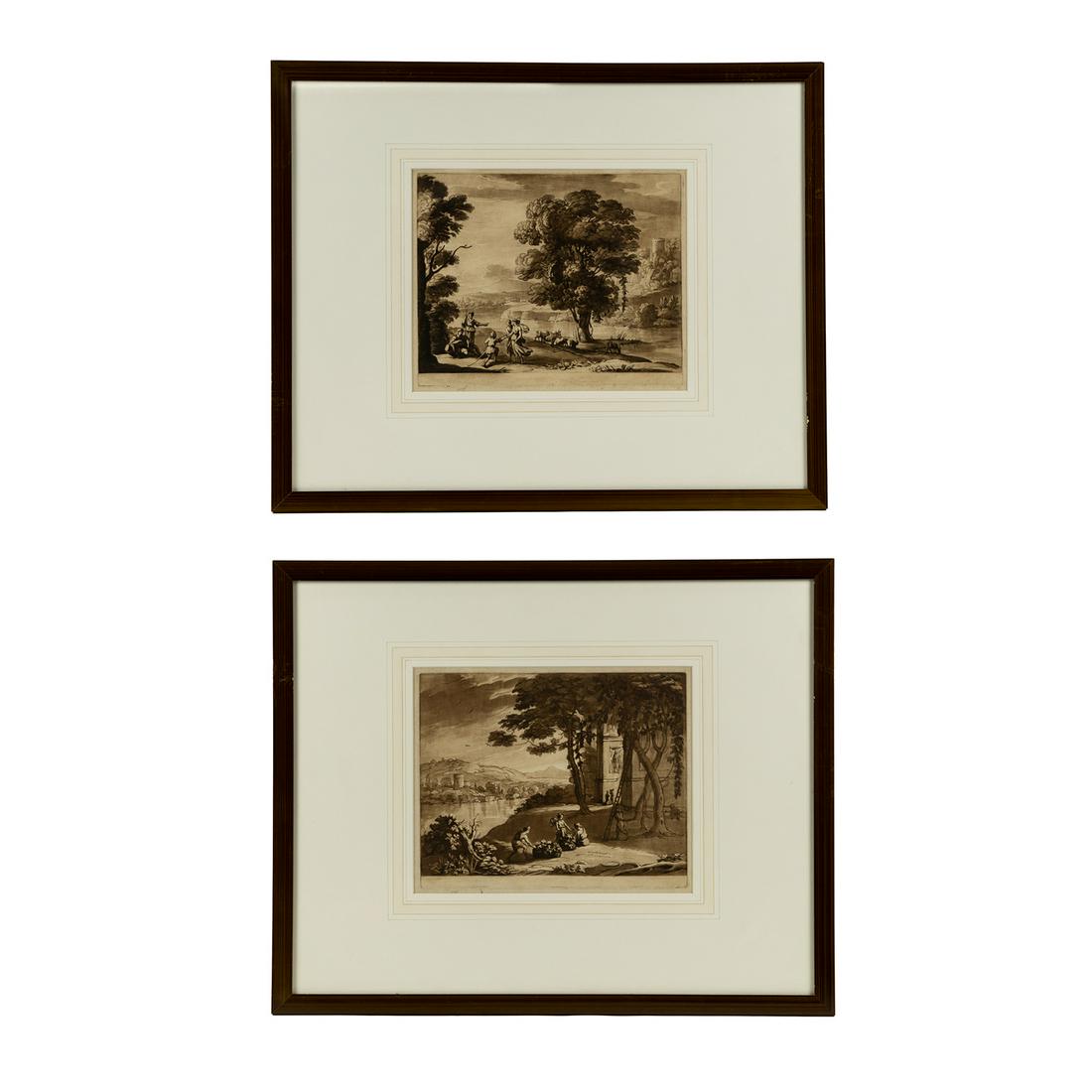 (2) 18th C. R Earlom Etchings after Claude Lorrain: A group of two 18th century mezzotint etchings by engraver Richard Earlom (British, 1743 - 1822) after artist Claude Le Lorrain (French, 1600 - 1682) and published by John Boydell from the Duke of Dev