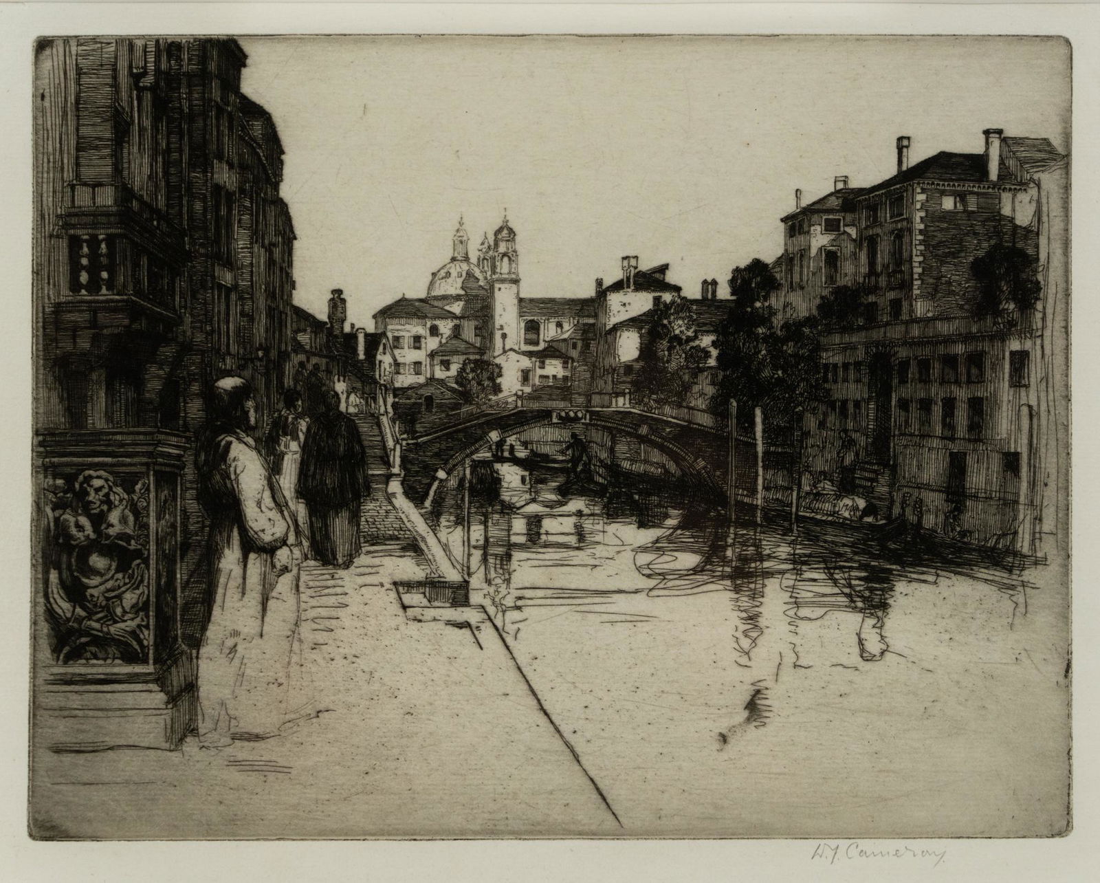 David Young Cameron Venetian Canal Scene Signed Etching: A 19th century Sir David Young Cameron R.A. (British, 1865-1945) signed etching depicting a Venetian canal scene. Presented in wood frame with white mat. Signed in pencil in lower right corner. Sight: