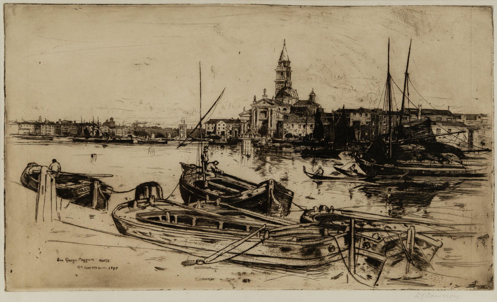 David Y Cameron 'San Giorgio Maggiore' Signed Etching: A 19th century Sir David Young Cameron R.A. (British, 1865-1945) signed etching titled 'San Giorgio Maggiore' depicting ships in a harbor in Venice. Presented in wood frame with white mat. Signed in p