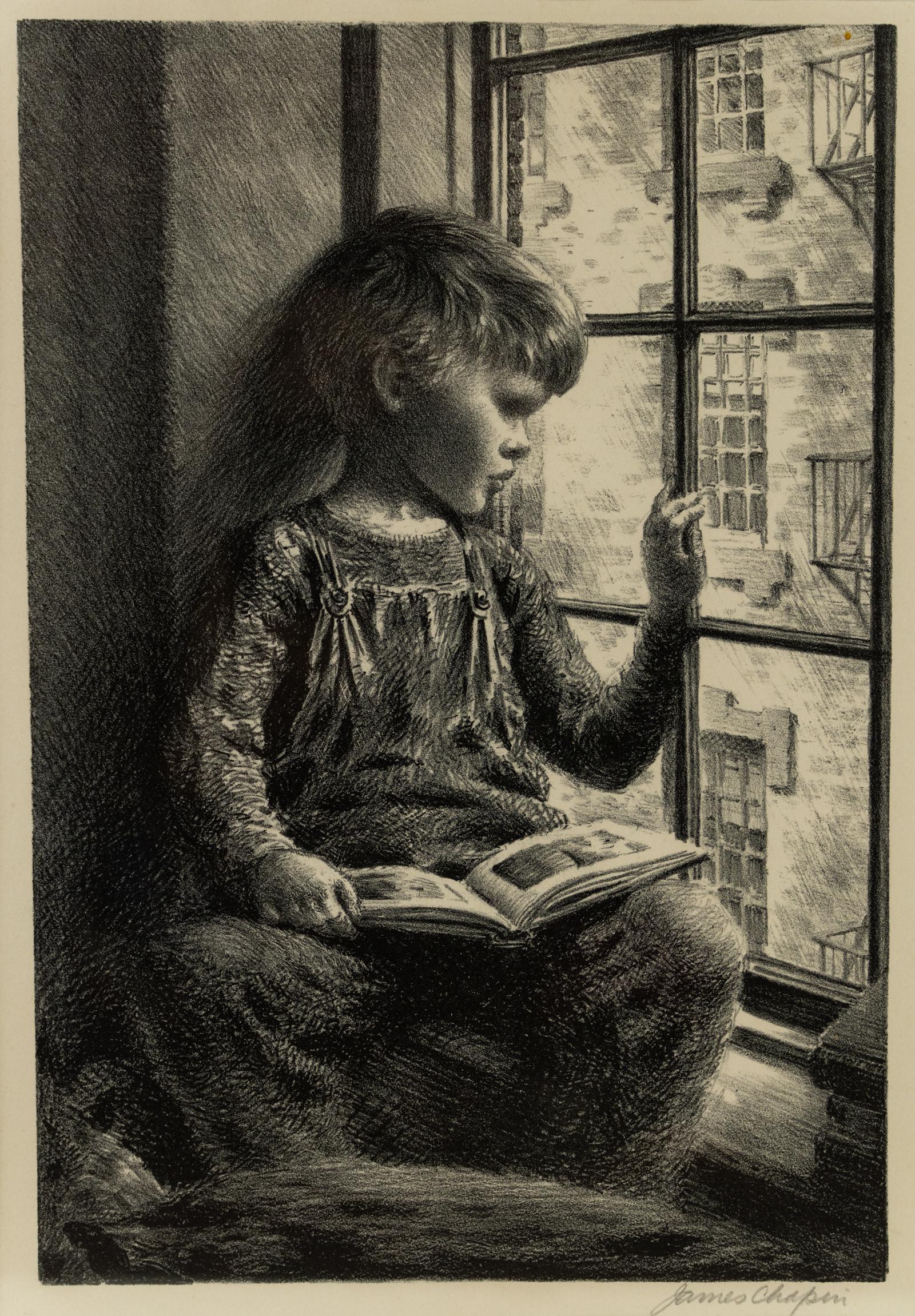 James Chapin 'Child at Window' Signed Lithograph: James Ormsbee Chapin (American, 1887-1975) signed lithograph print titled 'Boy With Book Looking Out Window' depicting a young boy with a book in his lap as he watches out the window. Presented in woo