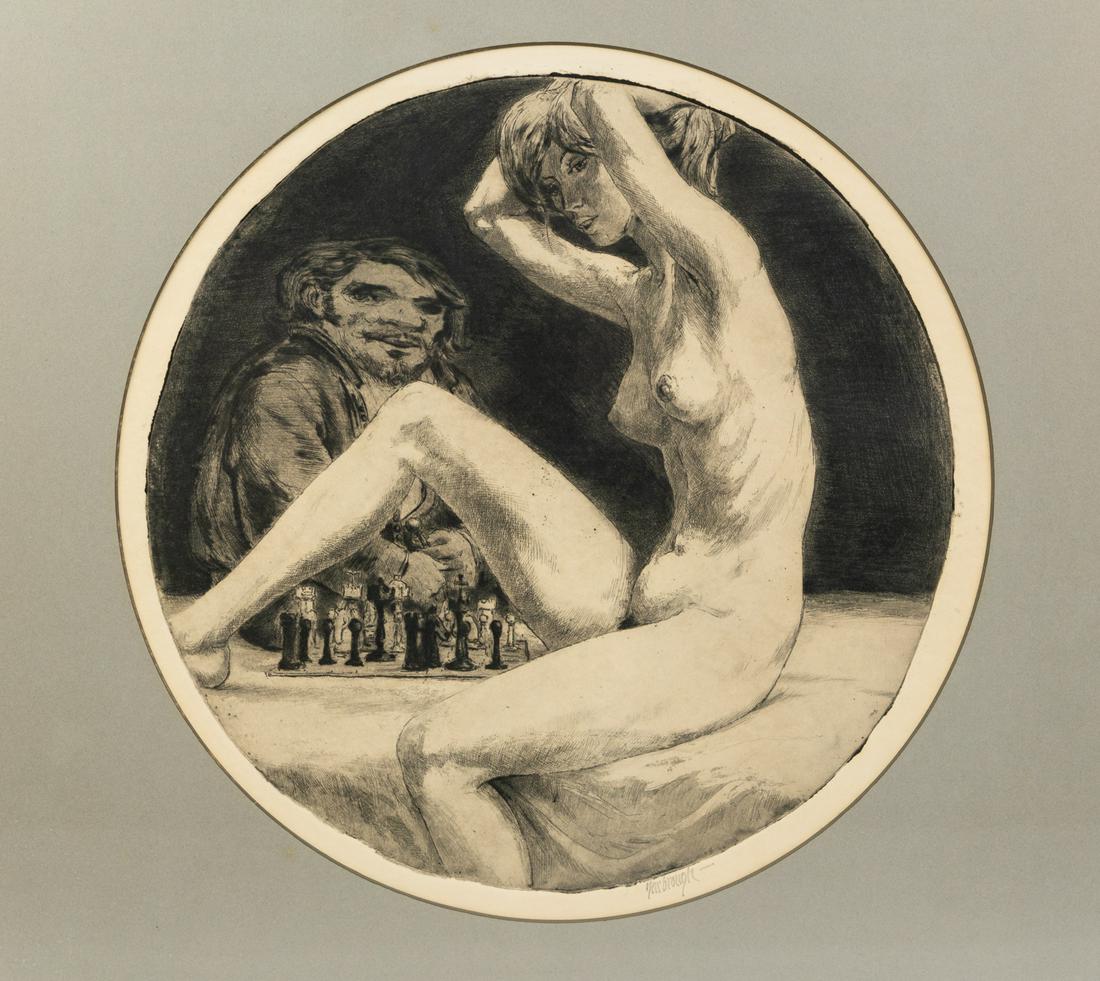 James Yarbrough Nude Woman Chess Match Etching: A vintage James Yarbrough (American, Atlanta, GA, b.1939) signed etching depicting a nude woman seated on a table with a man and chess board behind her. Presented in silver frame with grey mat. Signed
