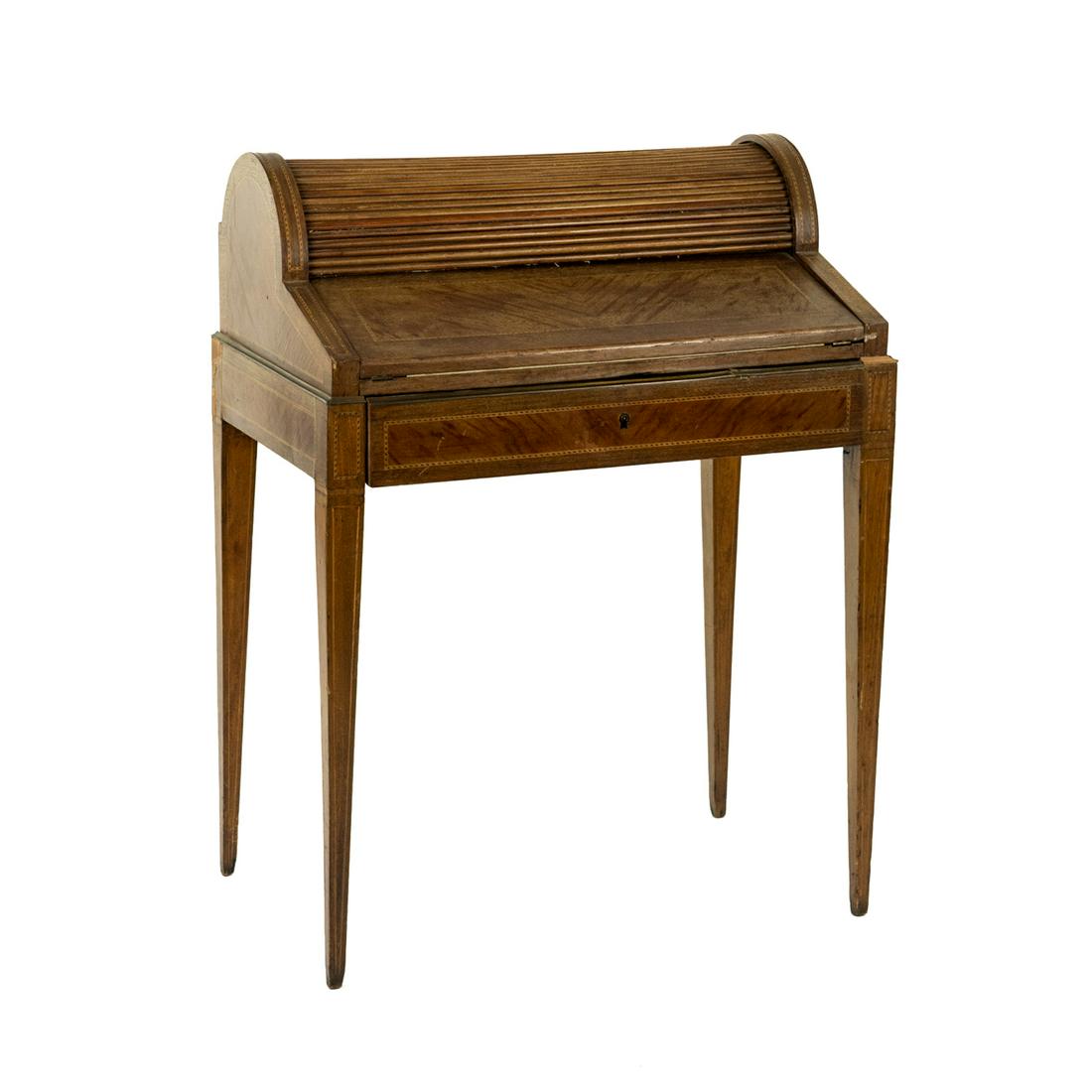 French Tambour Flip Front Walnut Secretary Desk: A small carved and inlaid secretary desk having a tambour and flip top with felted writing surface that opens to reveal three small pocket drawers and a large front drawer SHIPPING Atlanta Auction Gal