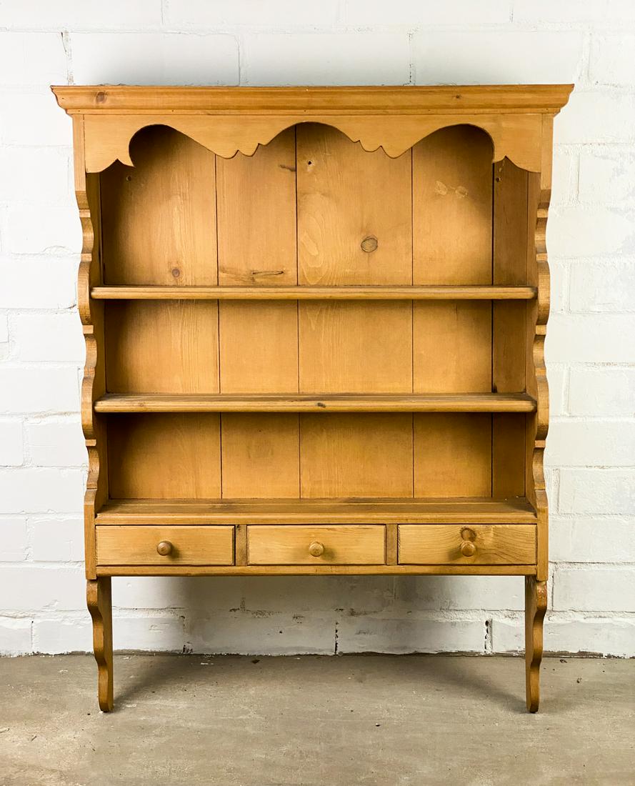 Wall Mounted Plate Rack Hanging Shelf: A wall mounted pine wood plate rack having 3 shelves with plate grooves and 3 drawers. SHIPPING Atlanta Auction Gallery will not ship this lot in house. The buyer is responsible for arranging White Gl
