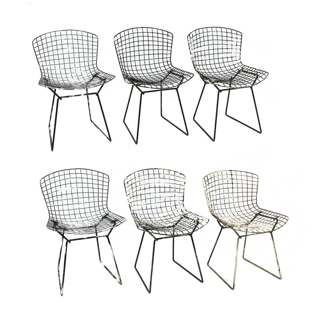 (6) Vintage Harry Bertoia for Knoll Wire Frame Chairs: A set of six (6) Harry Bertoia for Knoll wire frame side chair having wire basket seats with steel support legs. Frames retain some of their original finish. SHIPPING Atlanta Auction Gallery will not