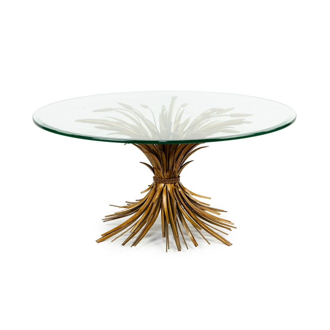 Salvadori for Coco Chanel Sheaf of Wheat Coffee Table: A S. Salvadori for Coco Chanel Hollywood Regency 'Sheaf of Wheat' coffee table constructed of gilded iron in the form of a gathered sheaf of wheat with glass top. SHIPPING Atlanta Auction Gallery will