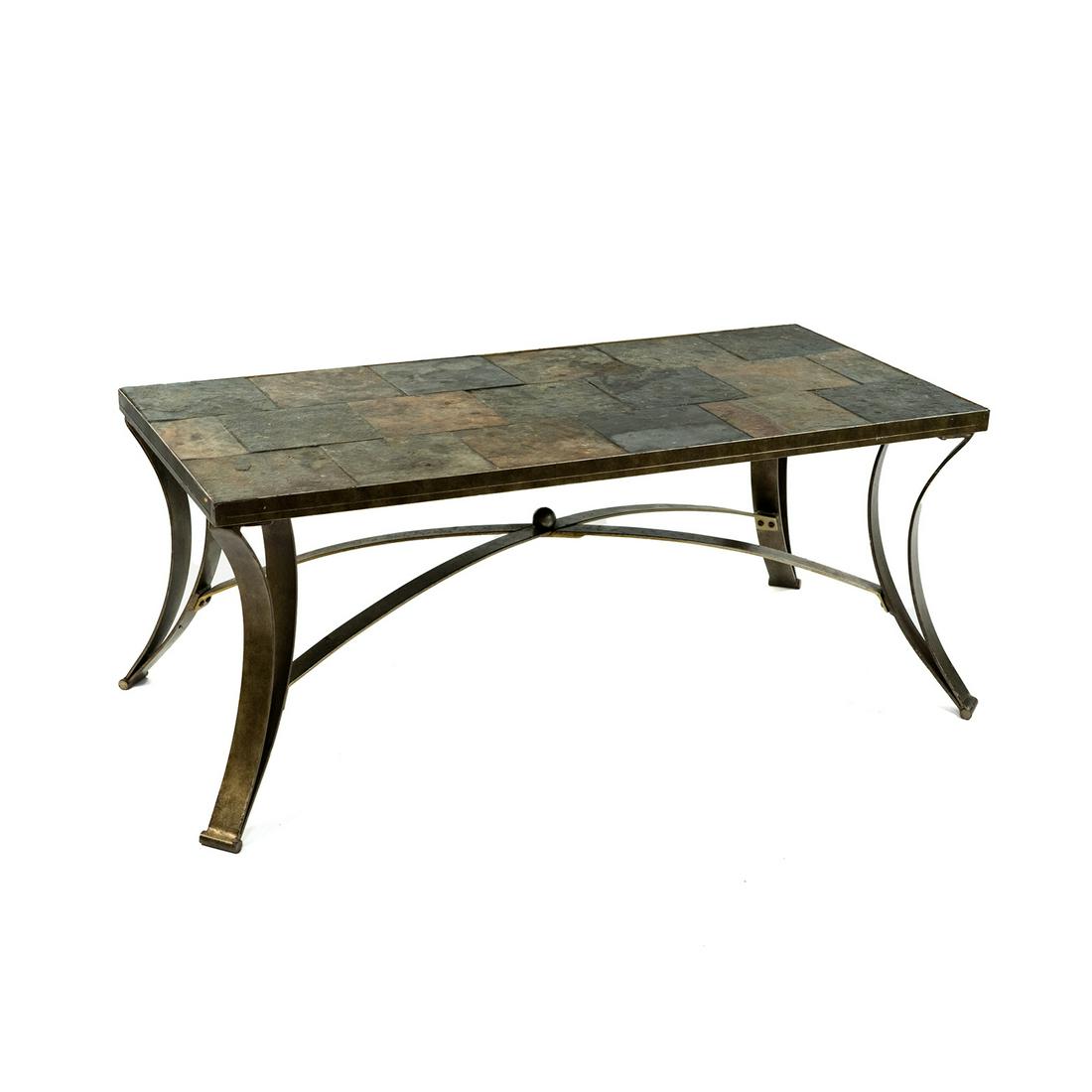 Italian Hollywood Regency Slate Coffee Table: An Italian Hollywood Regency bronze patinated steel base coffee or cocktail table having slate tile top. SHIPPING Atlanta Auction Gallery will not ship this lot in house. The buyer is responsible for 