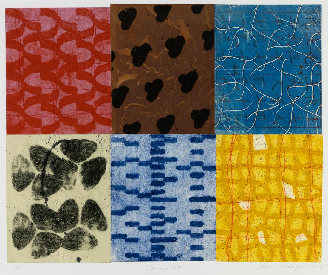 Ron Rumford 'Sampler (H0125D)' Signed Monoprint: A Ron Rumford (American, Contemporary) signed abstract carborundum collagraph monoprint with chine colle on paper depicting overlapping blocks of gestural line and shape. Pencil signed lower right, ti