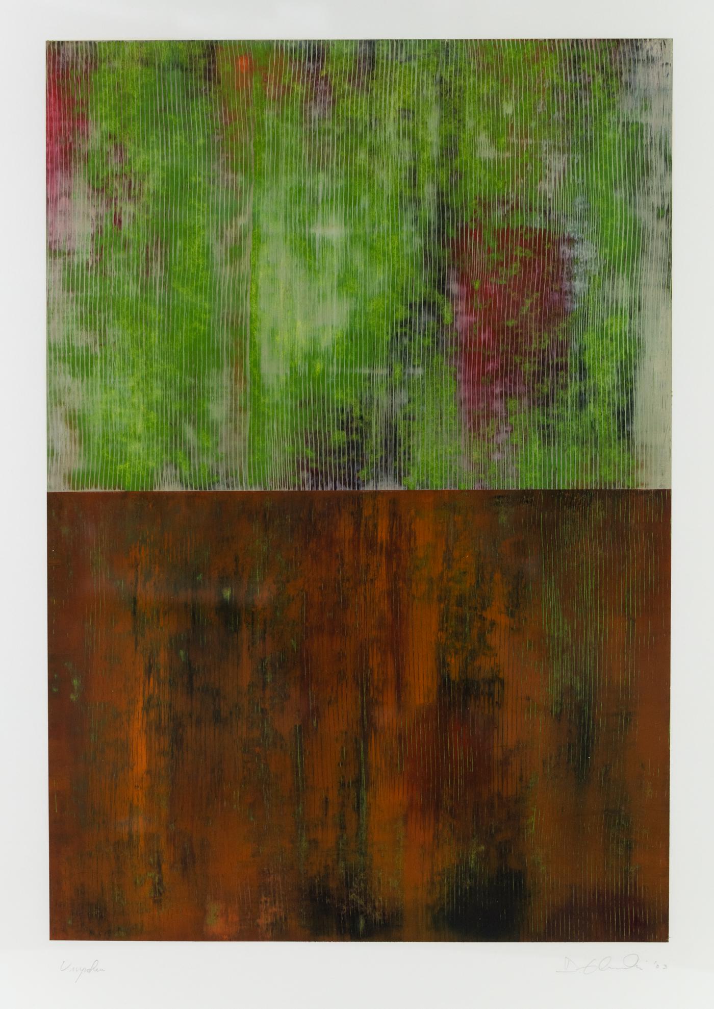 Doug Glovaski 'Unspoken' OIl and Wax on Paper Signed: A Doug Glovaski (American, Contemporary) signed abstract mixed media (oil and wax) on paper painting titled 'Unspoken'. Pencil signed lower right, titled lower left. Presented in a metal frame behind