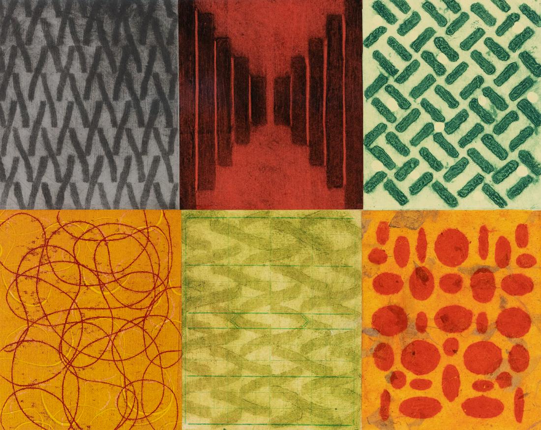 Ron Rumford 'Sampler (H0513A)' Signed Monoprint: A Ron Rumford (American, Contemporary) signed abstract carborundum collagraph monoprint with chine colle on paper depicting overlapping blocks of gestural line and shape. Pencil signed lower right, ti