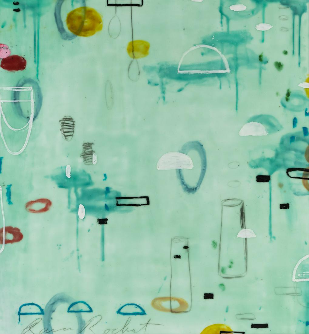 Rana Rochat 'Untitled 372' Signed Encaustic on Paper: A Rana Rochat (American, Contemporary) signed abstract encaustic on paper painting titled 'Untitled 372' depicting an abstracted scene. Signed Lower Left. Presented in a metal frame. Sight: 26.5" x 24