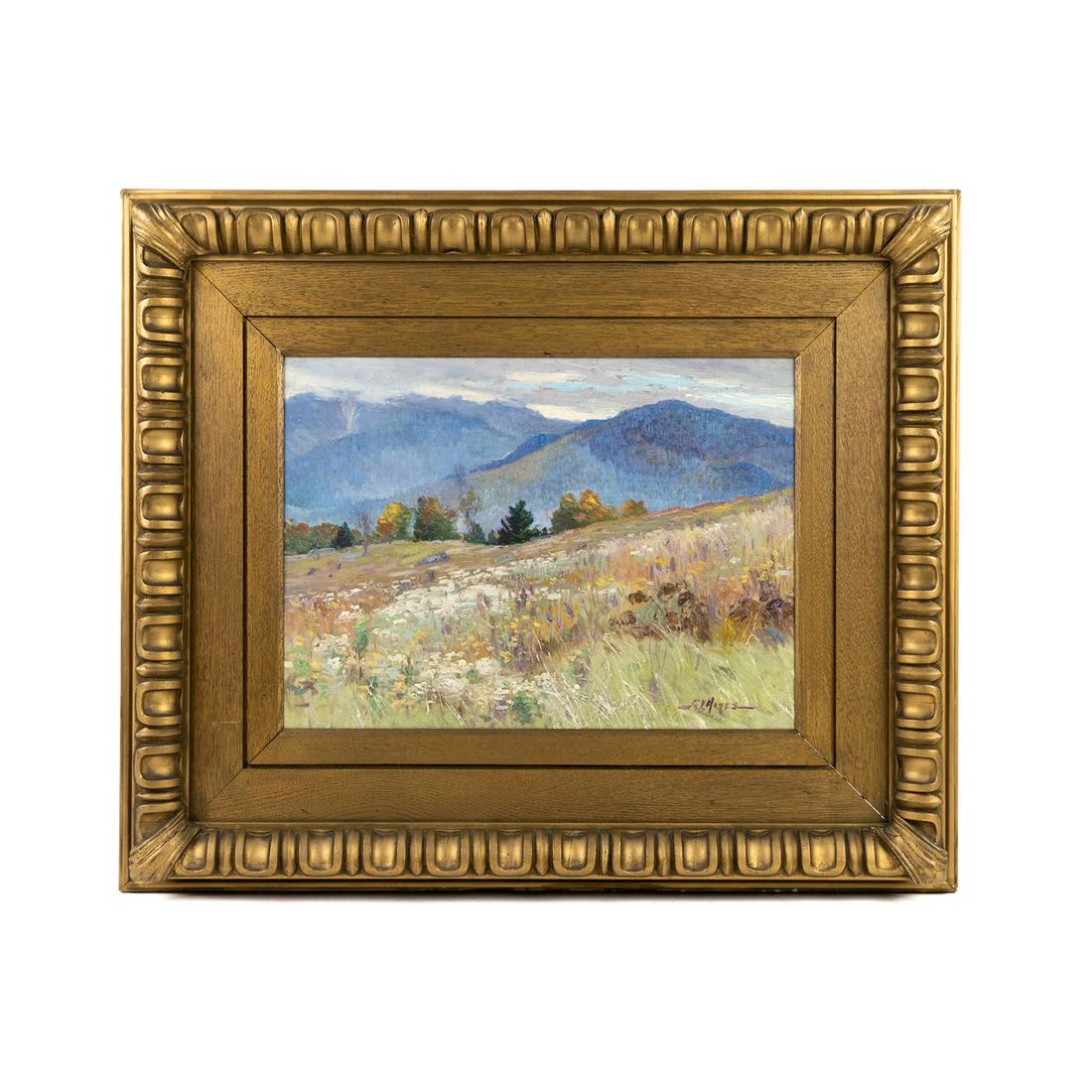 George Loftus Noyes Spring Mountain Meadow Oil on Canvas: A George Loftus Noyes (American, 1865 - 1854) oil on canvas depicting a meadow of wildflowers in the mountains. Housed in wooden frame. Signed lower right. From the estate of Carolyn Bricket of NYC, N