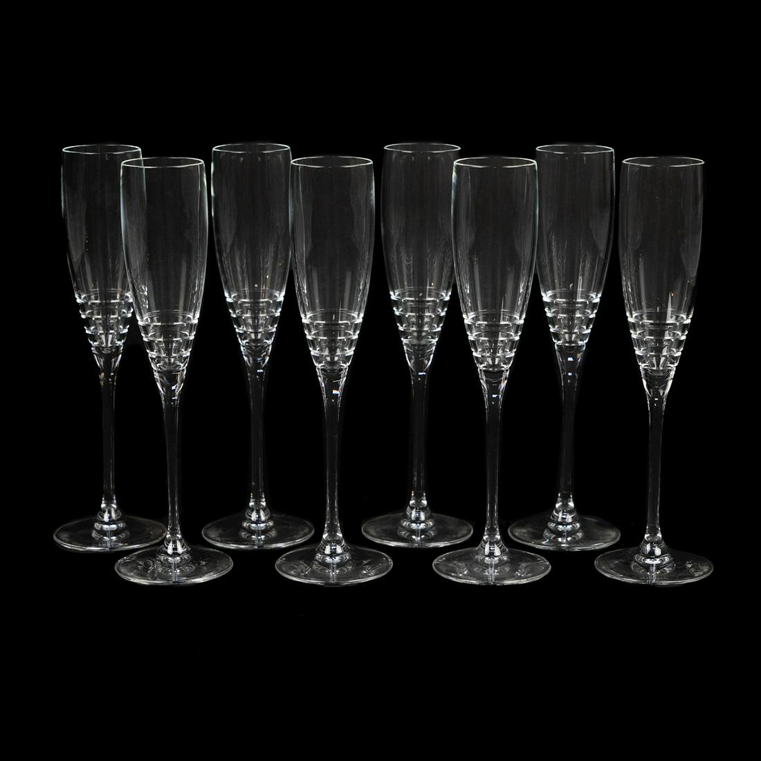 Lenox Kate Spade Percival Place Champagne Flutes: A set of 8 Lenox for Kate Spade New York crystal fluted champagne glasses from the 'Percival Place' collection. Each is marked 'Lenox' and 'Kate Spade New York' at the base.