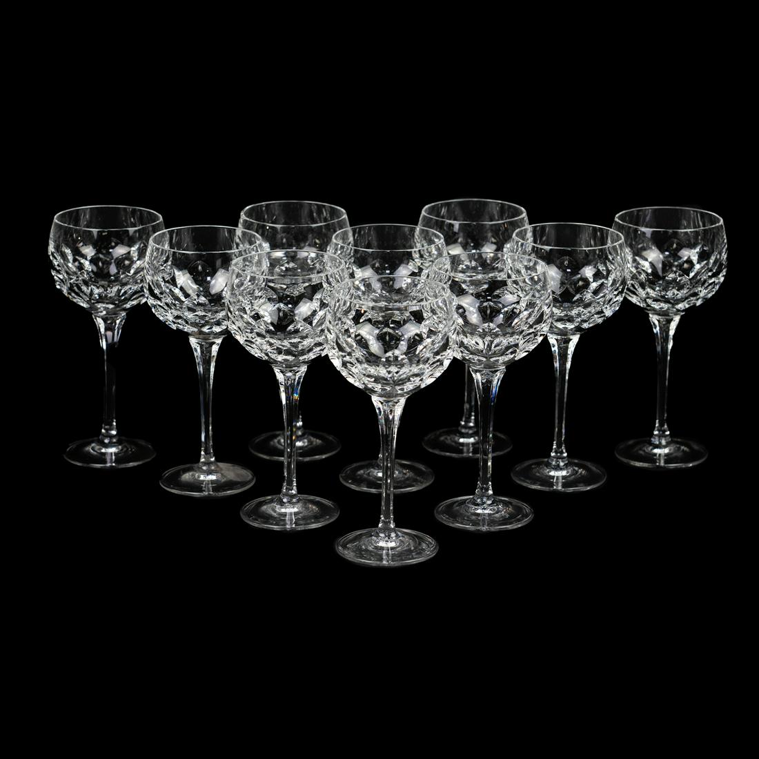 Nachtmann Crystal Wine Stem Goblet Glasses: A set of (10) ten Nachtmann crystal stem goblet glasses having a concave repeating pattern with a spherical shape