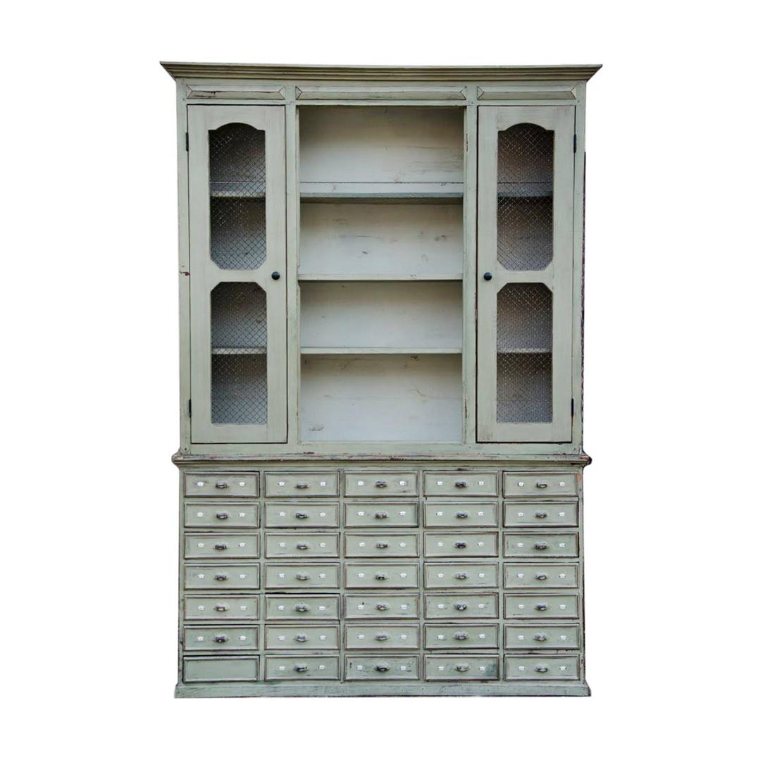 French Green Painted Apothecary Cabinet: An antique French green painted apothecary cabinet having upper storage shelves with inset wire mesh on left and right doors. Center doors have been removed and are not included. The lower section has