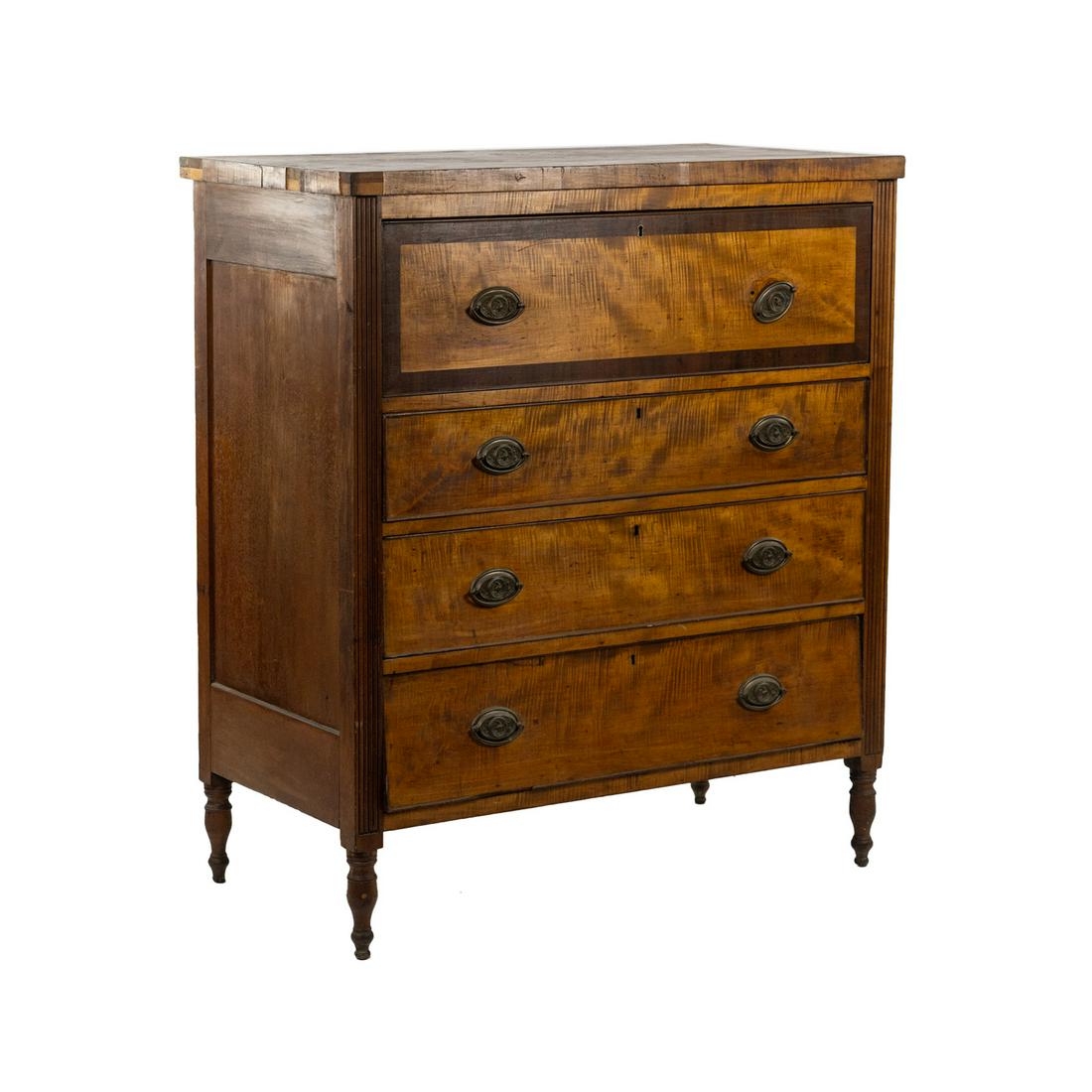 Early 19th C American Federal Maple Chest: An early 19th century American Federal Tiger Maple and mahogany banded with inset brass keyholes and brass pulls. SHIPPING Atlanta Auction Gallery will not ship this lot in house. The buyer is respons