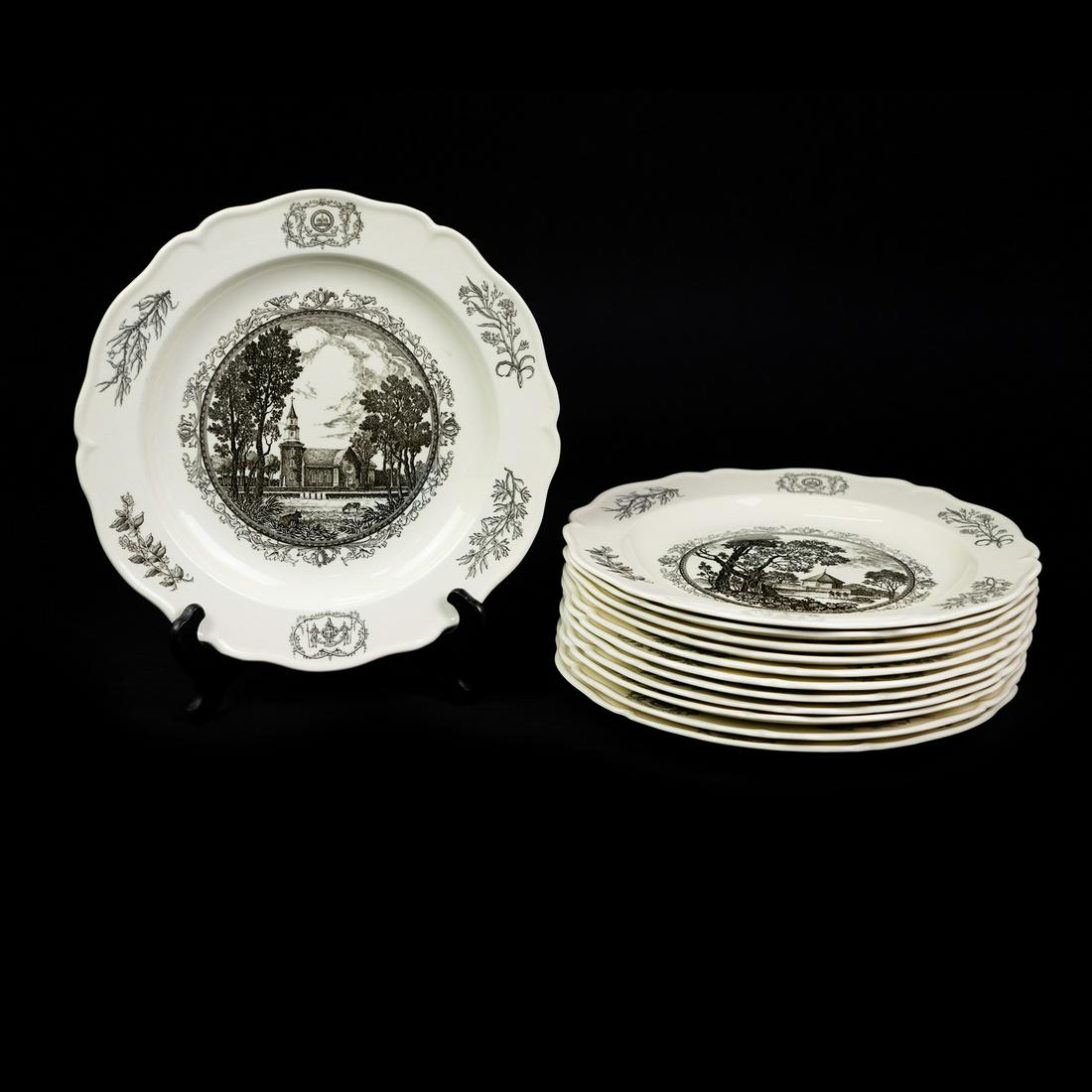 (12) Wedgwood Williamsburg Virginia Restoration Plates: A set of twelve (12) 1st Ed. Wedgwood Williamsburg Restoration dinner plates engraved from drawings by Samuel Chamberlain for Williamsburg Restoration. Dinner plates include: The Capitol, The Public G