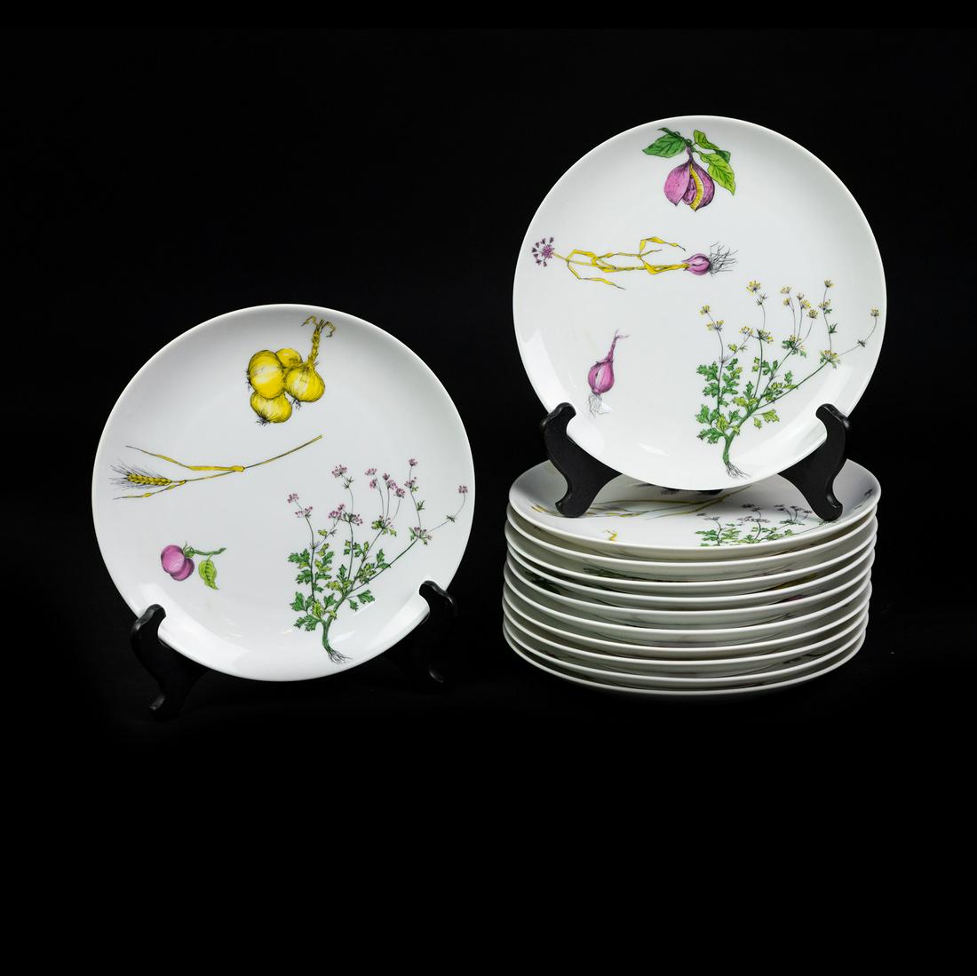 Limoges N.B.D. for Saks 5th Ave 'Le Jardin' Dish Set: A Limoges NBD for Saks 5th Avenue 'Le Jardin' hand painted garden and vegetable motif porcelain dish set having 12 dinner plates. Marked on bottom.