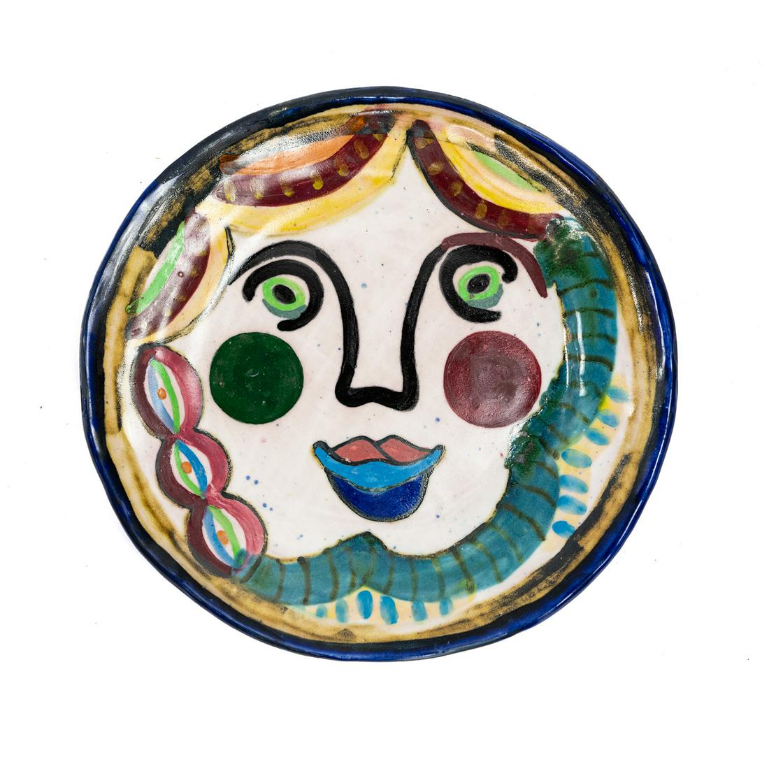Jeanine Bradfield Signed Terracotta Art Pottery Plate: A vintage Jeanine Bradfield (American, 21st Century) handmade and hand-painted terracotta art pottery plate featuring colorful cubist style face on the front. Signed Jeanine Bradfield of Wild Bird Pot