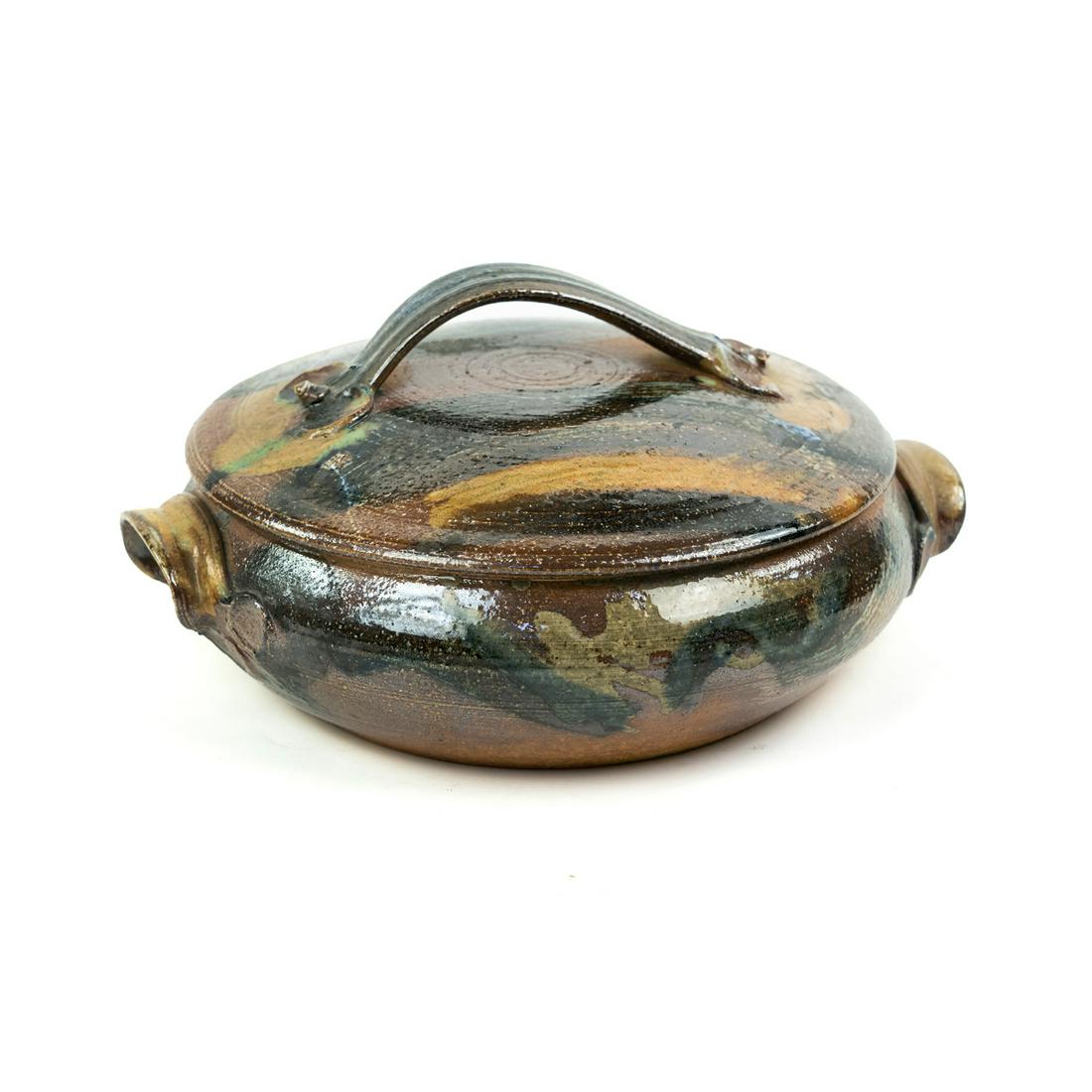 Vincent Sansone Studio Art Pottery Lidded Serving Dish: A Vincent Sansone vintage polychrome glazed earthenware American Art pottery lidded serving bowl or dish. Signed on bottom.