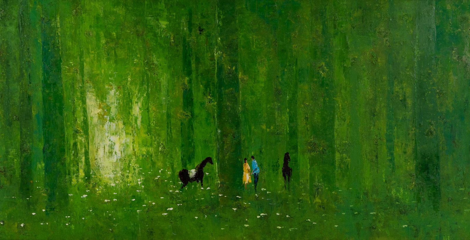 Horse and Figure O/C Landscape Painting Signed: A vintage oil on canvas landscape painting depicting a forest scene with abstract black horse and two figures. Presented in wooden frame. Signed illegibly in lower right. Sight: 23.5" x 47.5"