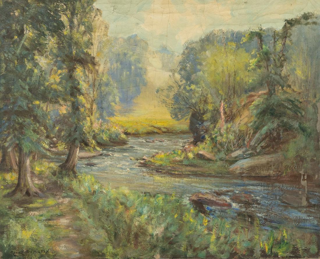Robert Hamilton 'Midsummer Morning' Signed Painting: A Robert Hamilton (Irish-American, 1877-1954) oil on canvas painting titled 'Midsummer Morning' depicting a landscape with a river. Titled verso.