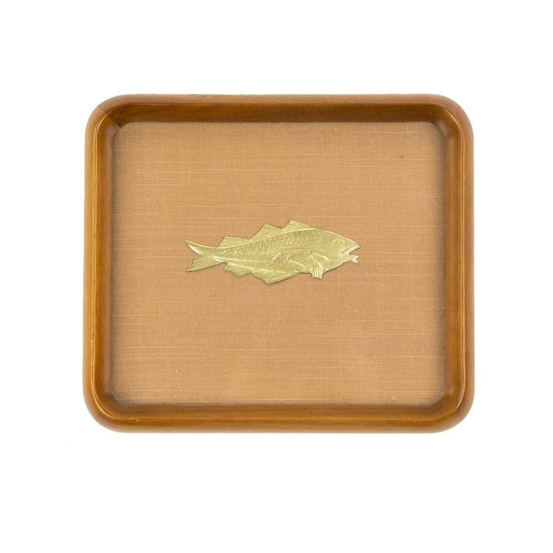 Japanese Brass Embossed Fish Art: A small brass embossed design fish mounted on linen backing housed in wooden frame.
